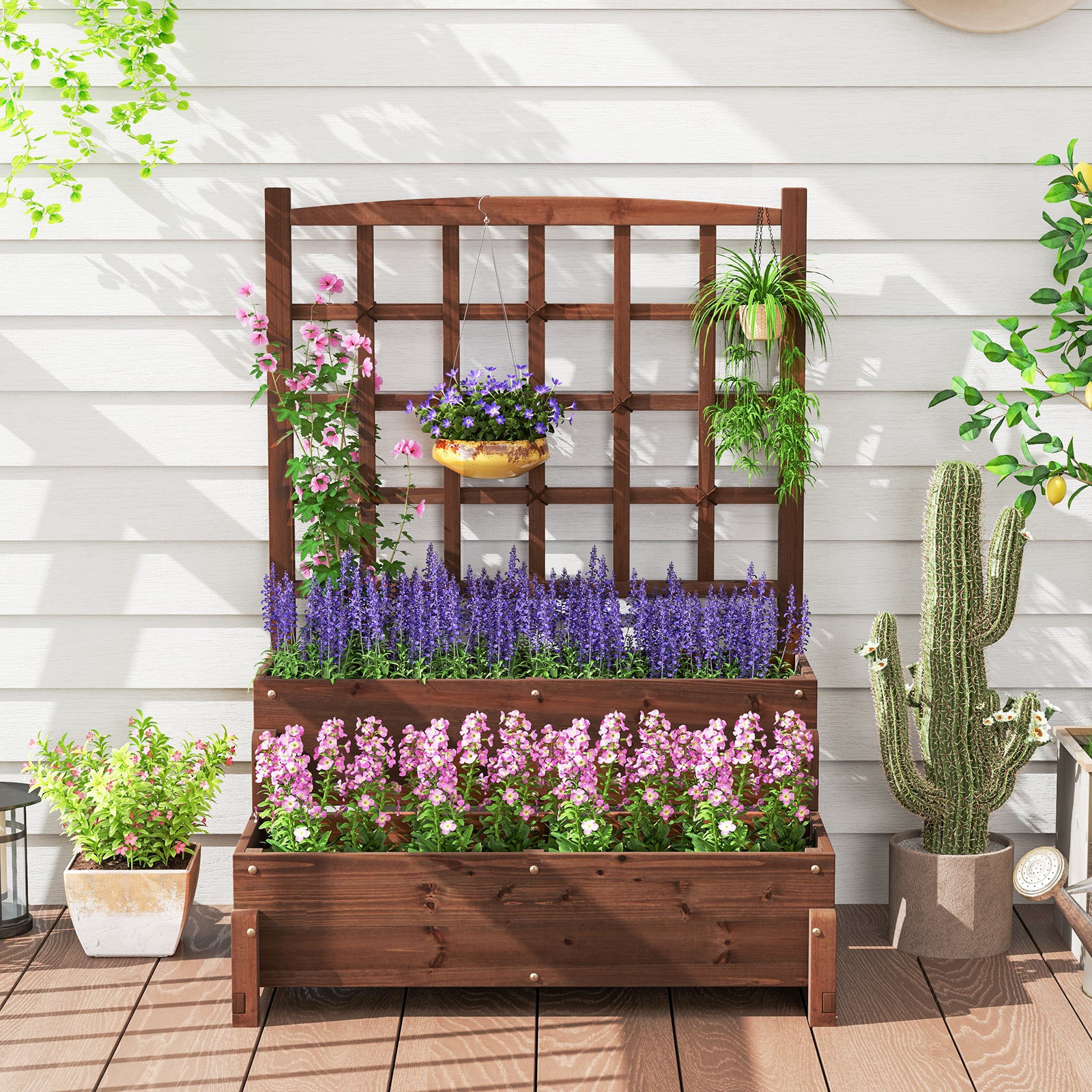 Raised Garden Bed With Trellis, 2-Tier Wood Planter Box, Rustic Brown Raised Garden Beds at Gallery Canada