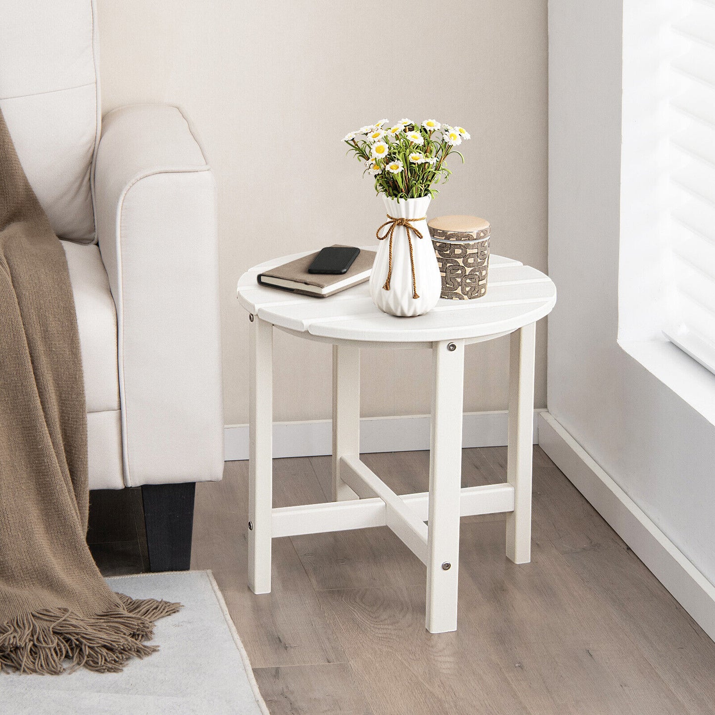 18 Inch Round Weather-Resistant Adirondack Side Table, White Patio Coffee Tables at Gallery Canada