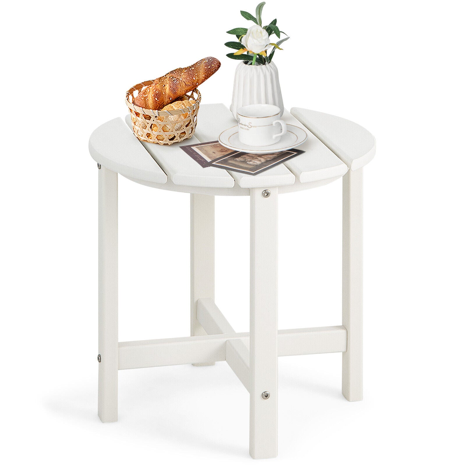18 Inch Round Weather-Resistant Adirondack Side Table, White Patio Coffee Tables at Gallery Canada