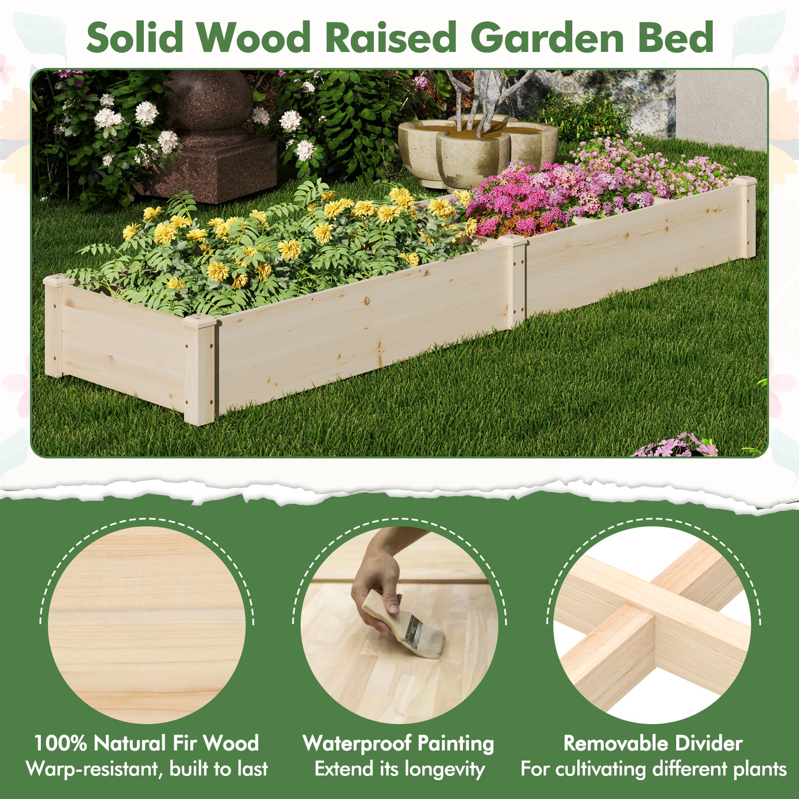 Wooden Raised Garden Bed, Open-Ended Base, 2 Planter Boxes Divider, Natural Raised Garden Beds at Gallery Canada