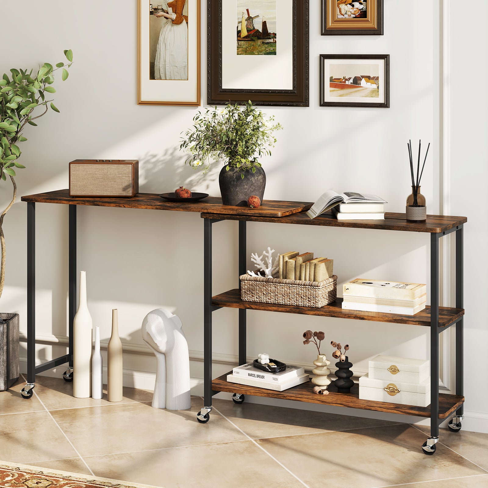 Large 360-Degree Rotating Sofa Table, Wheels, Storage Shelf, Brown End & Side Tables at Gallery Canada