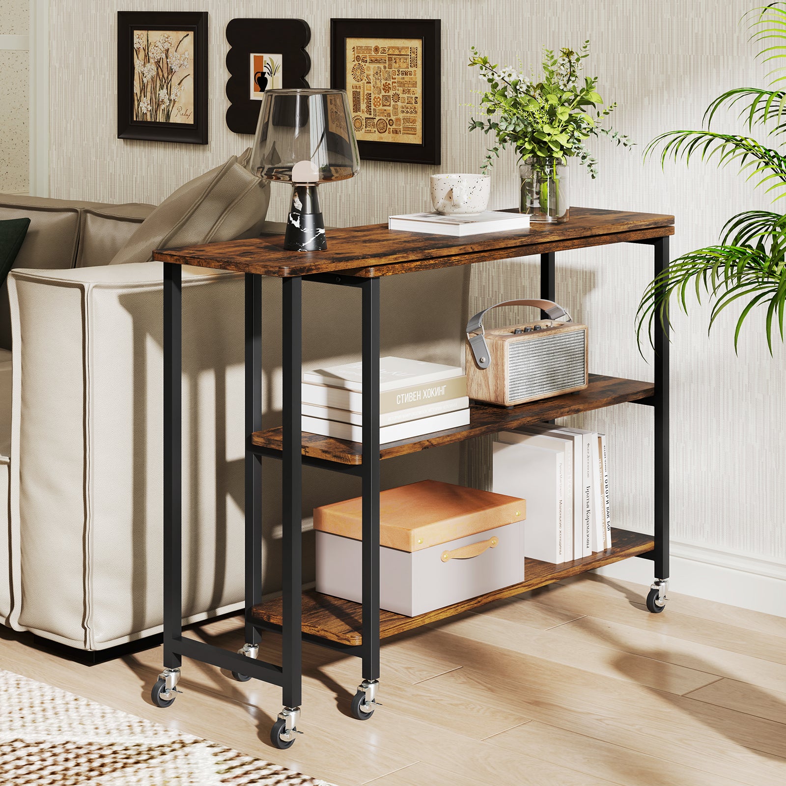 Large 360-Degree Rotating Sofa Table, Wheels, Storage Shelf, Brown End & Side Tables at Gallery Canada