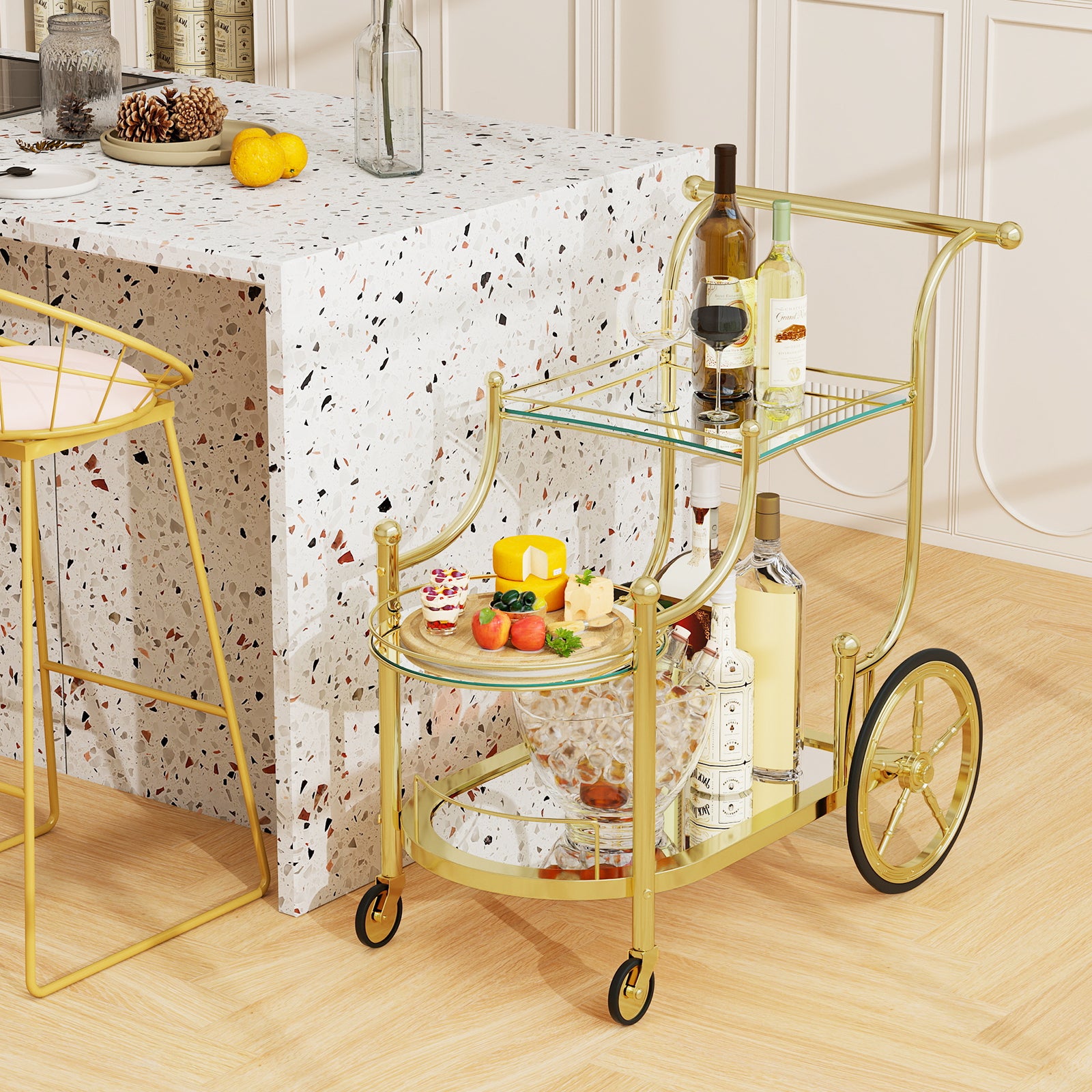 3-Tier Bar Cart With Wheels, Mirrored Shelves, Golden Kitchen Islands & Carts at Gallery Canada