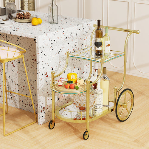 3-Tier Bar Cart With Wheels, Mirrored Shelves, Golden