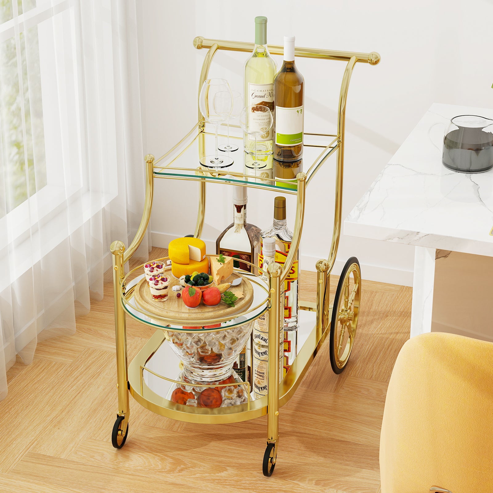 3-Tier Bar Cart With Wheels, Mirrored Shelves, Golden Kitchen Islands & Carts at Gallery Canada