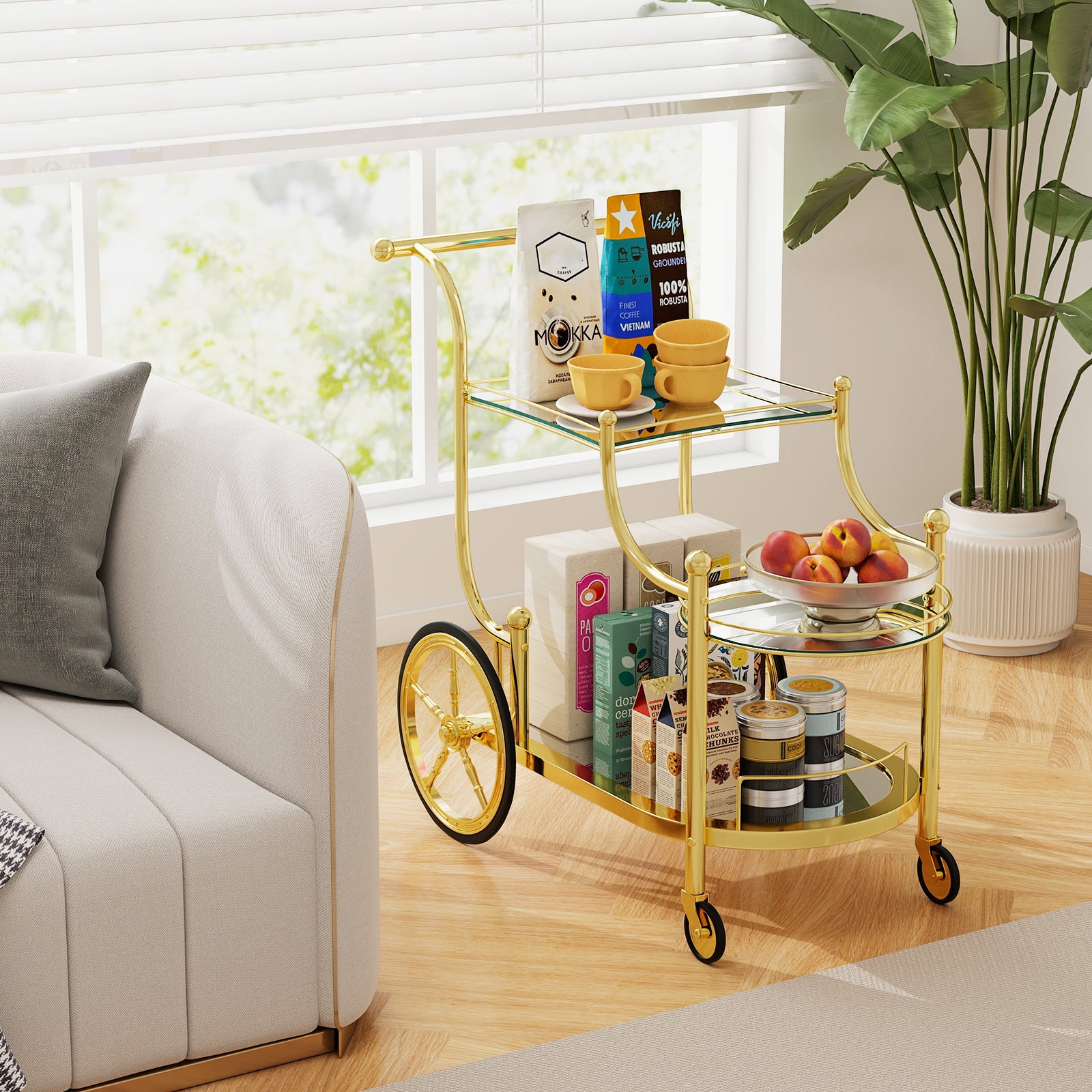 3-Tier Bar Cart With Wheels, Mirrored Shelves, Golden Kitchen Islands & Carts at Gallery Canada