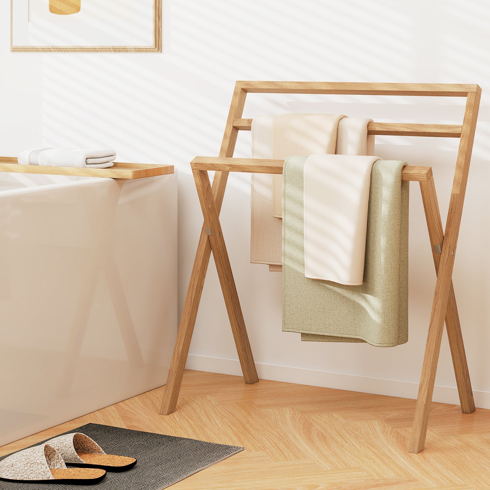 Freestanding Foldable Teak Wood Towel Rack, 3 Hanging Crossbars, Natural Towel Racks at Gallery Canada