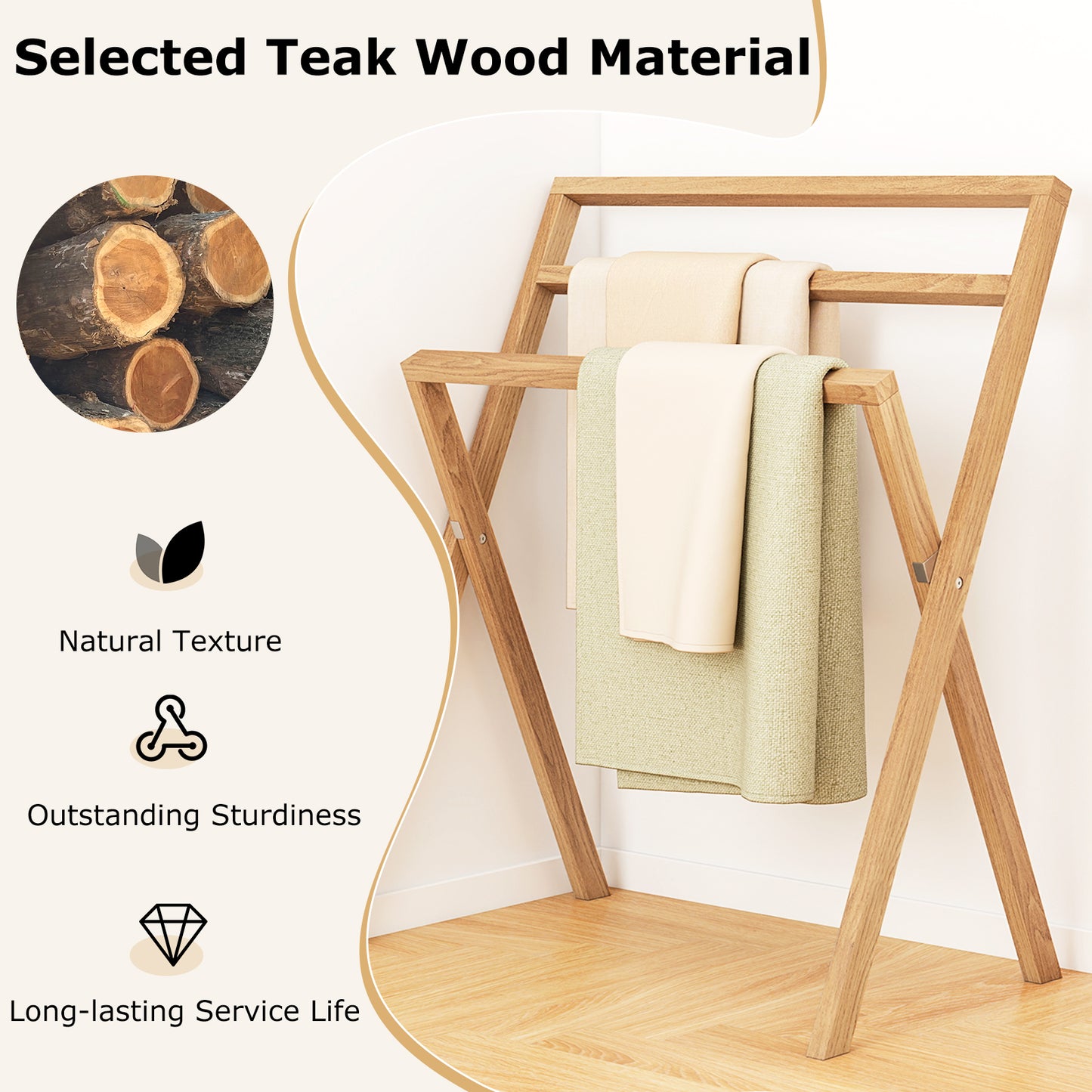 Freestanding Foldable Teak Wood Towel Rack, 3 Hanging Crossbars, Natural Towel Racks at Gallery Canada