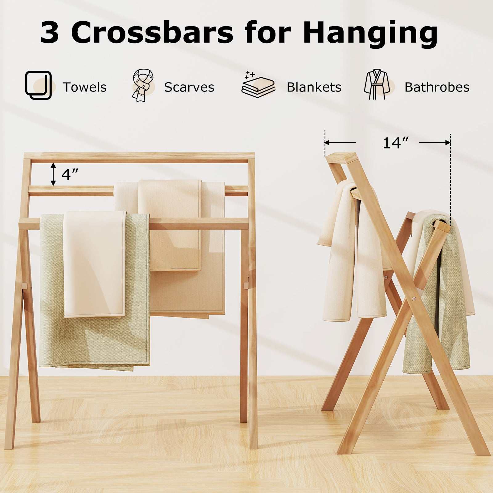 Freestanding Foldable Teak Wood Towel Rack, 3 Hanging Crossbars, Natural Towel Racks at Gallery Canada
