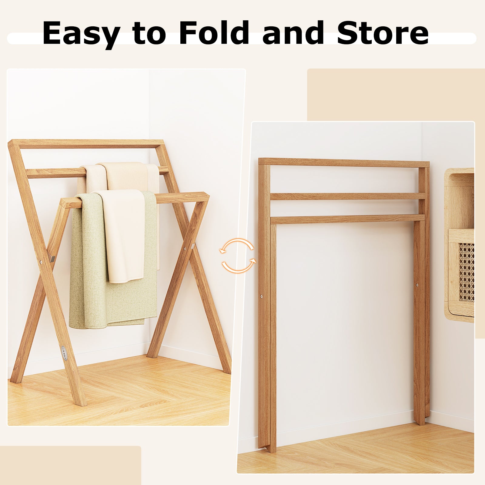 Freestanding Foldable Teak Wood Towel Rack, 3 Hanging Crossbars, Natural Towel Racks at Gallery Canada