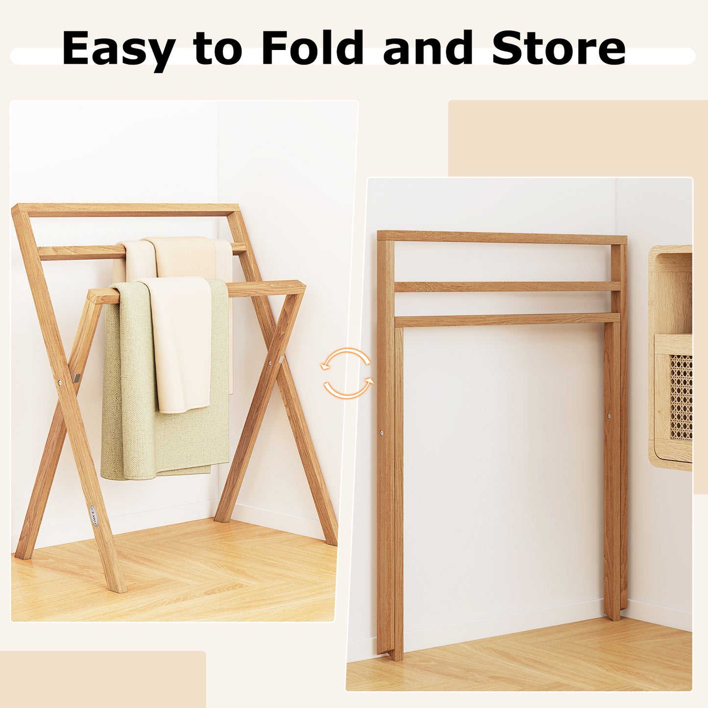 Freestanding Foldable Teak Wood Towel Rack, 3 Hanging Crossbars, Natural Towel Racks at Gallery Canada