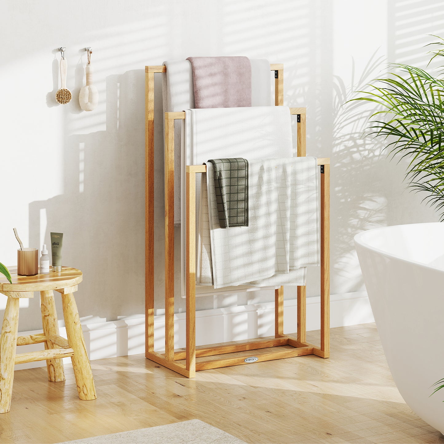 3-Tier Teak Wood Towel Rack, 3 Hanging Crossbars, Natural Towel Racks at Gallery Canada