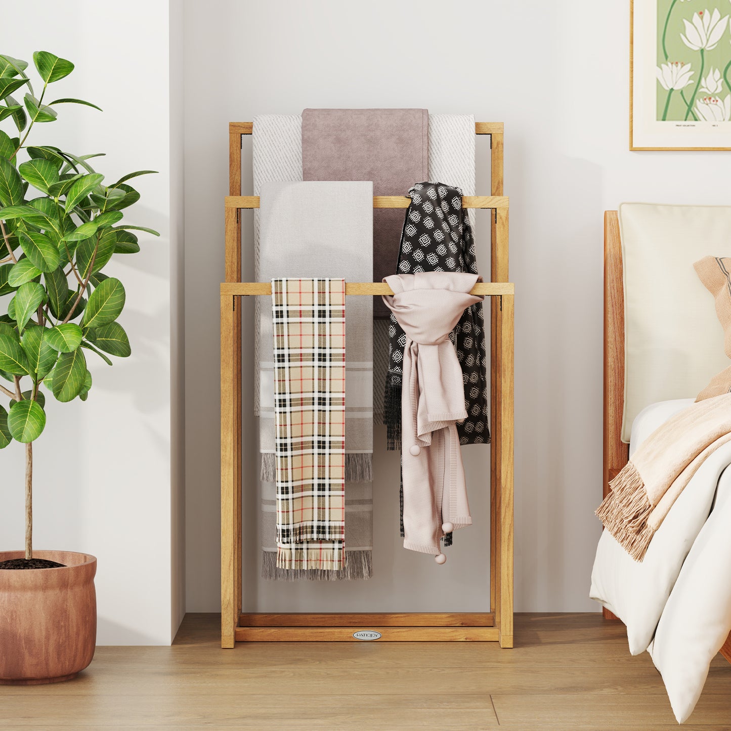 3-Tier Teak Wood Towel Rack, 3 Hanging Crossbars, Natural Towel Racks at Gallery Canada
