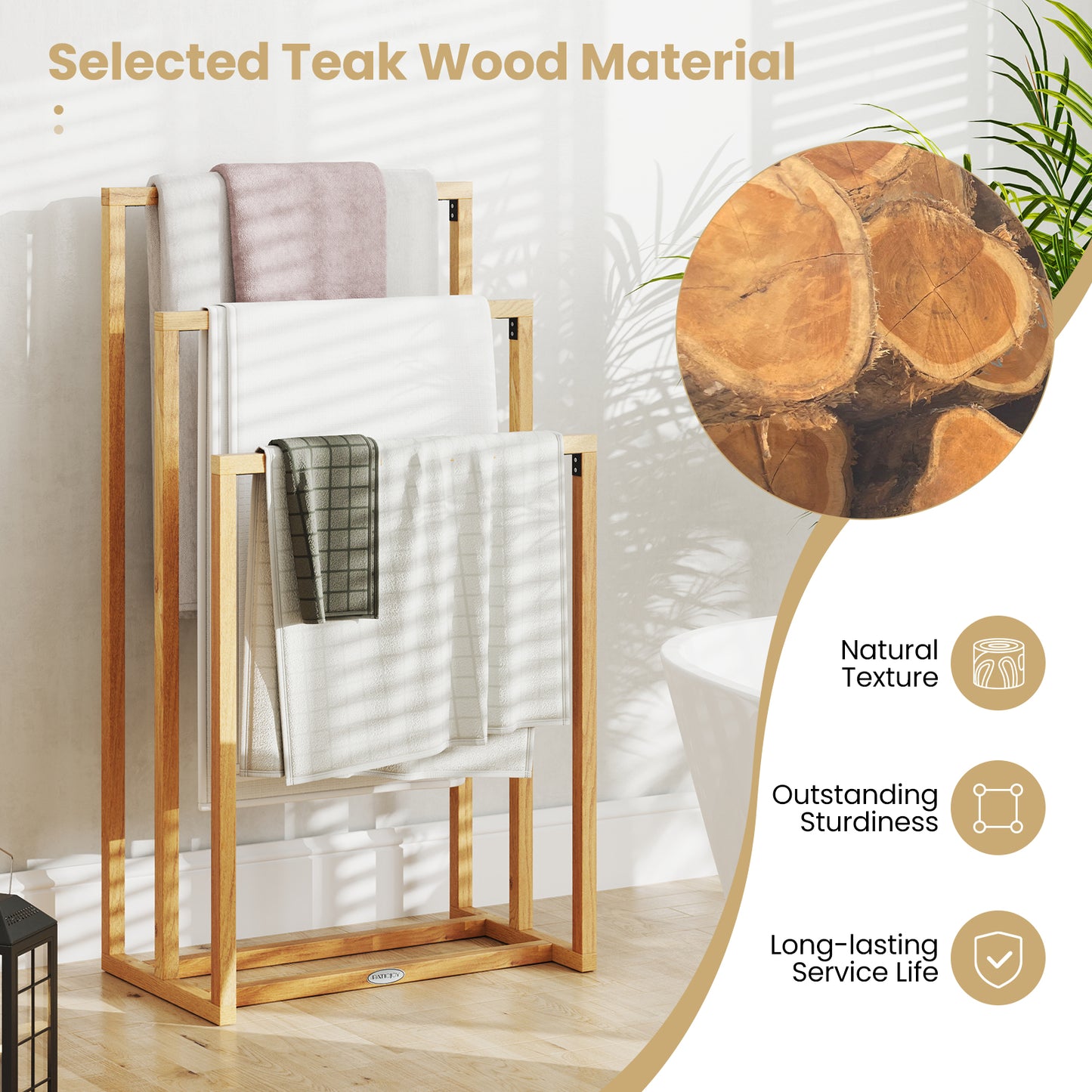 3-Tier Teak Wood Towel Rack, 3 Hanging Crossbars, Natural Towel Racks at Gallery Canada