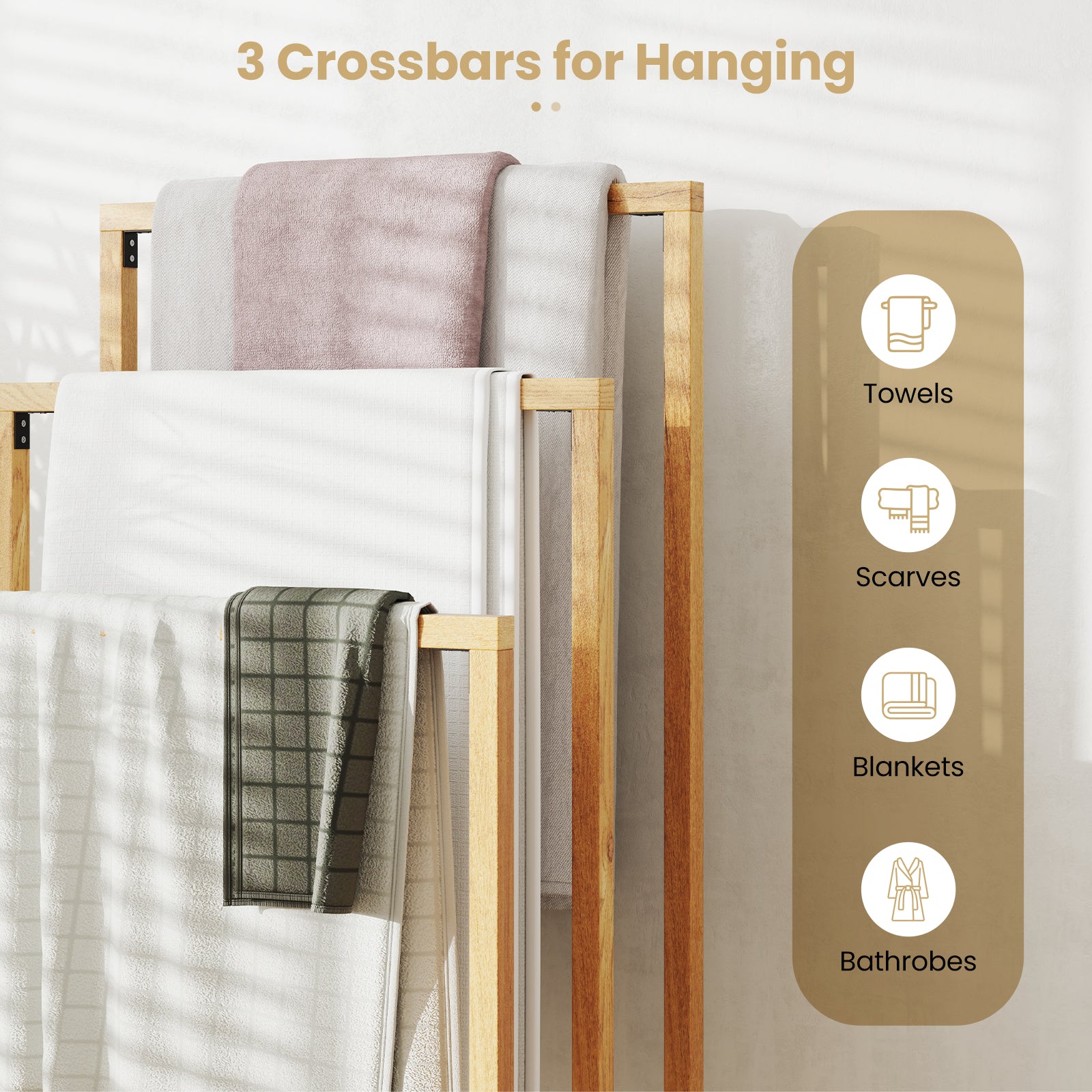 3-Tier Teak Wood Towel Rack, 3 Hanging Crossbars, Natural Towel Racks at Gallery Canada