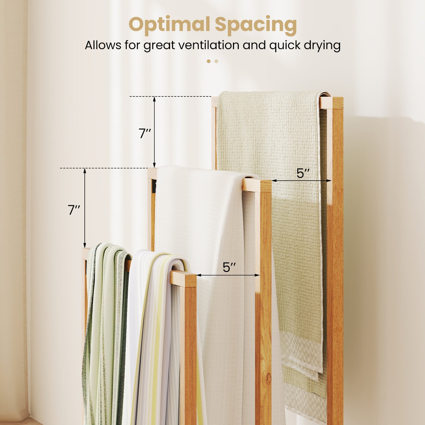 3-Tier Teak Wood Towel Rack, 3 Hanging Crossbars, Natural Towel Racks at Gallery Canada