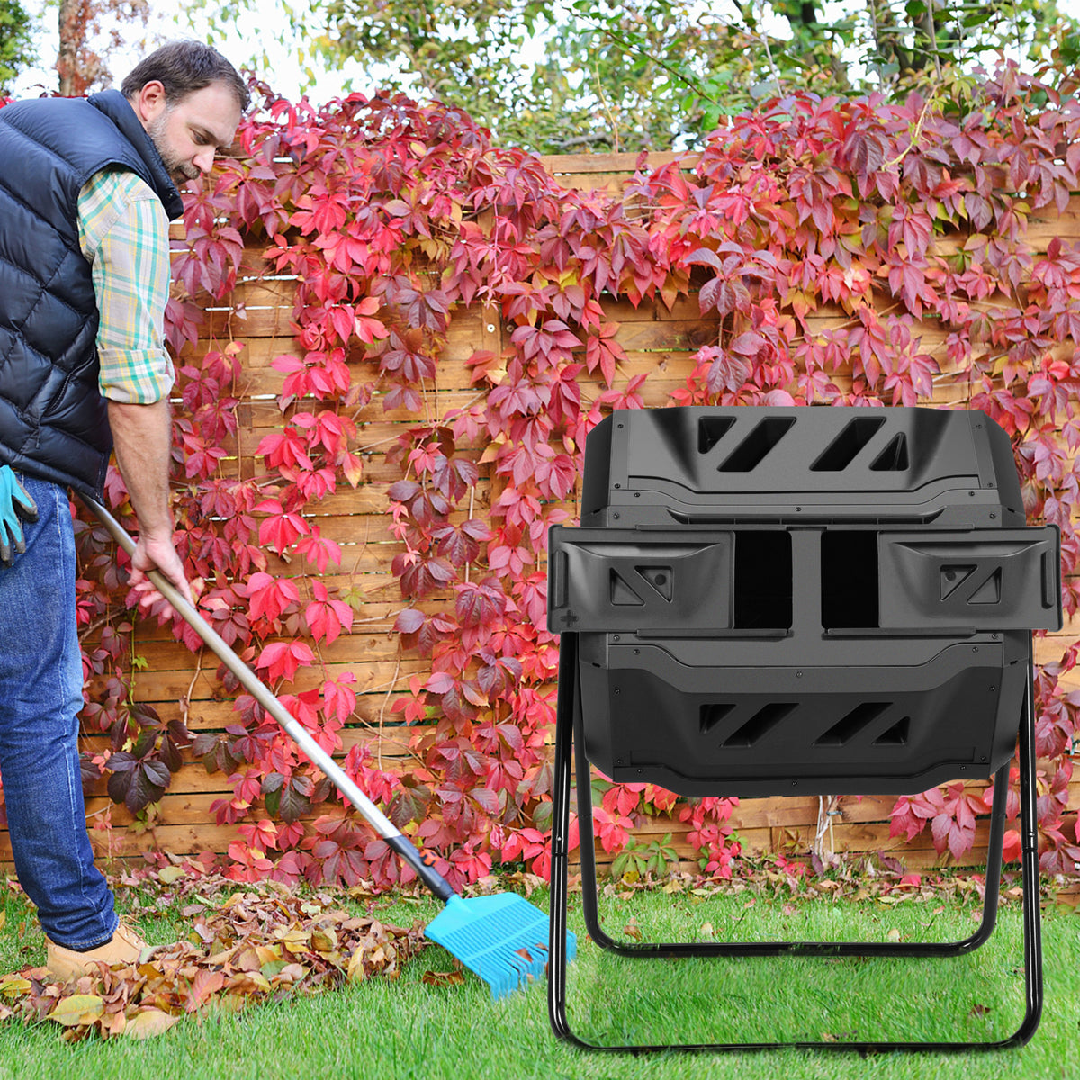 43 Gallon Composting Tumbler, Dual Rotating Chamber, Black Garden Tools at Gallery Canada
