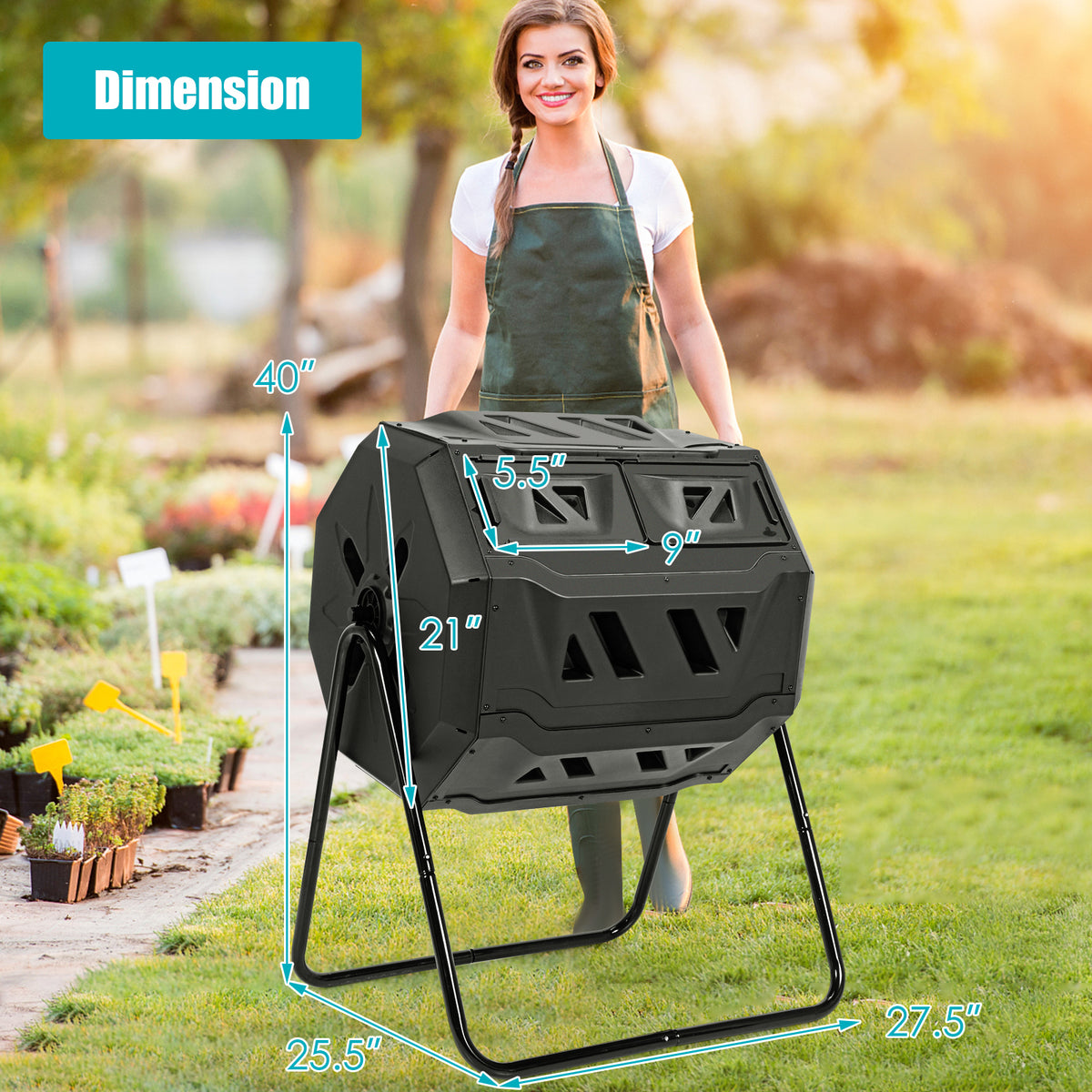 43 Gallon Composting Tumbler, Dual Rotating Chamber, Black Garden Tools at Gallery Canada