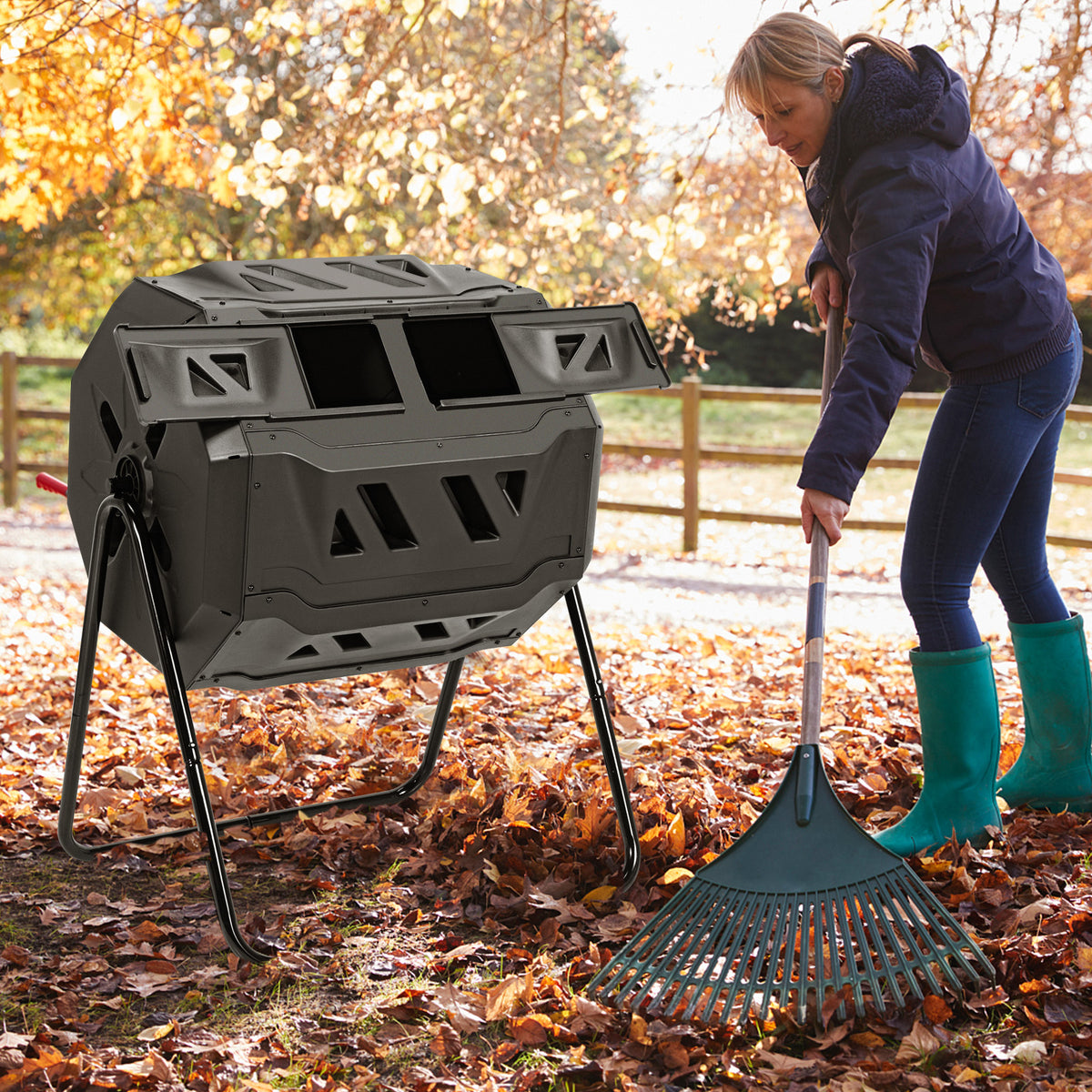 43 Gallon Composting Tumbler, Dual Rotating Chamber, Black Garden Tools at Gallery Canada