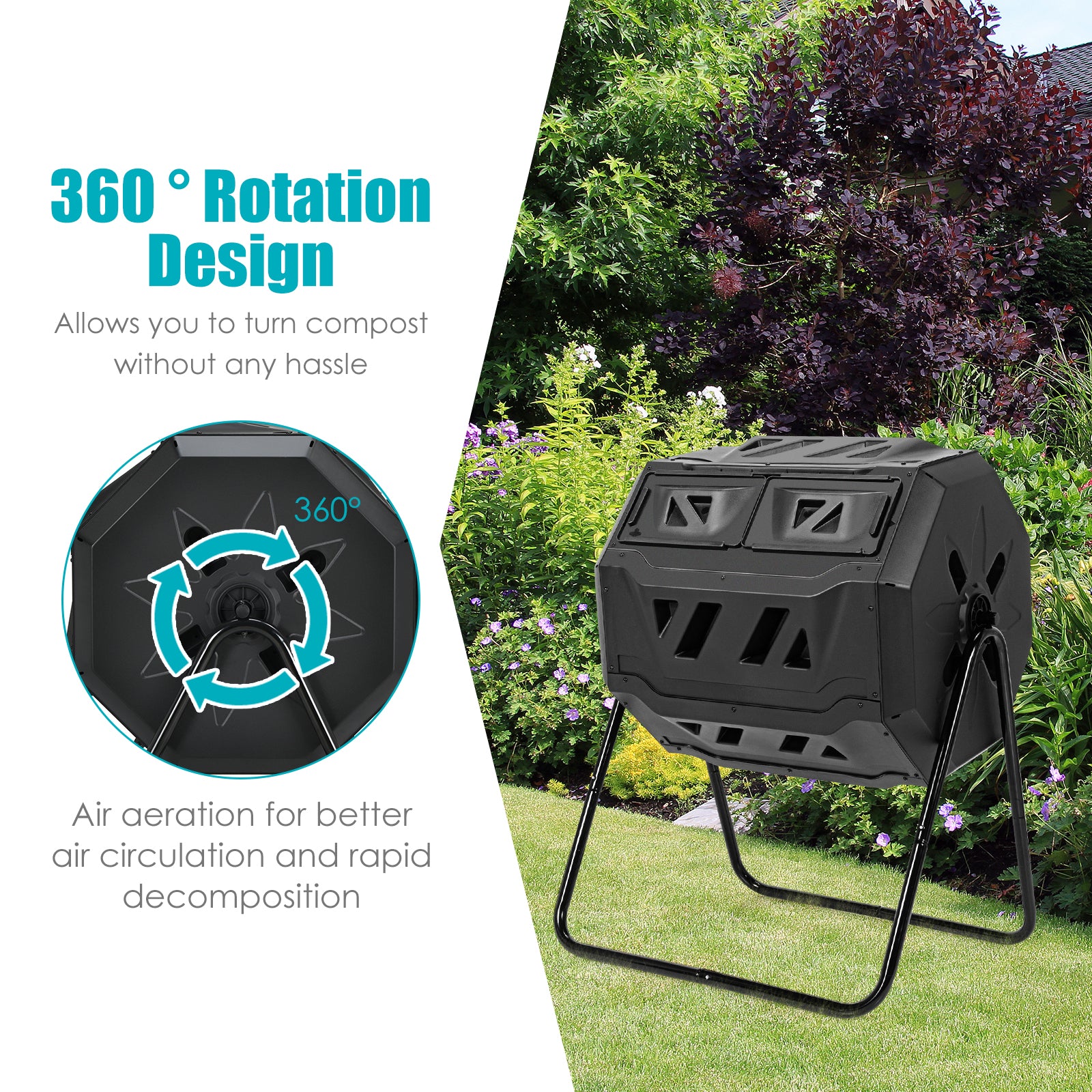 43 Gallon Composting Tumbler, Dual Rotating Chamber, Black Garden Tools at Gallery Canada