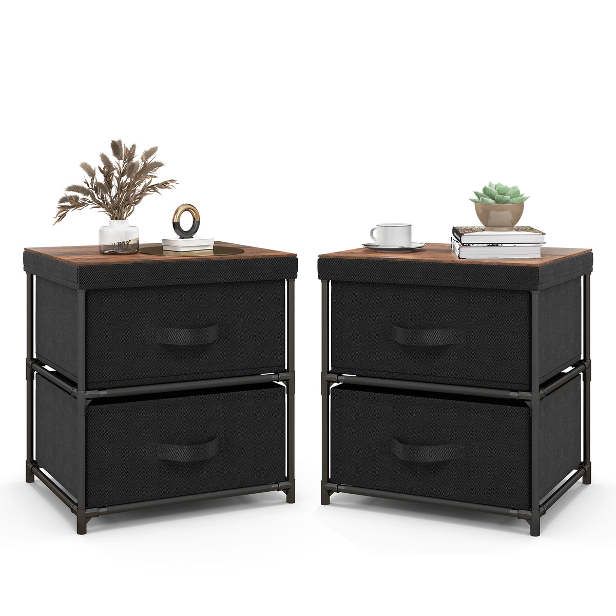2-Drawer Nightstand With Removable Fabric Bins, Set of 2, Black Nightstands at Gallery Canada