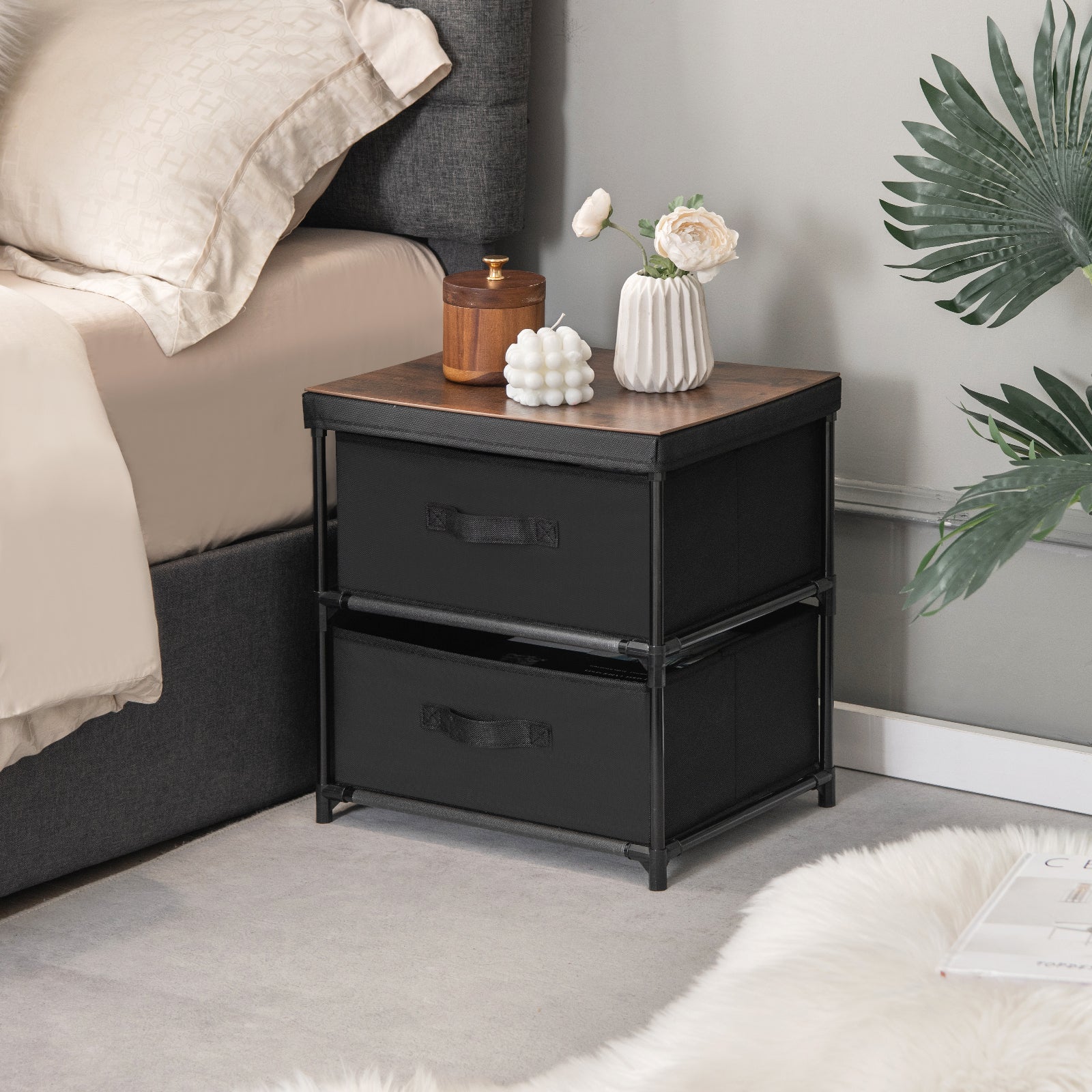 2-Drawer Nightstand With Removable Fabric Bins, Set of 2, Black Nightstands at Gallery Canada
