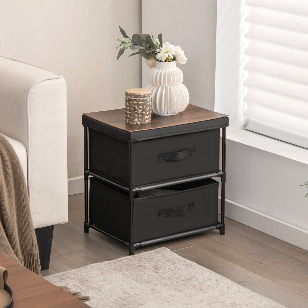 2-Drawer Nightstand With Removable Fabric Bins, Set of 2, Black Nightstands at Gallery Canada