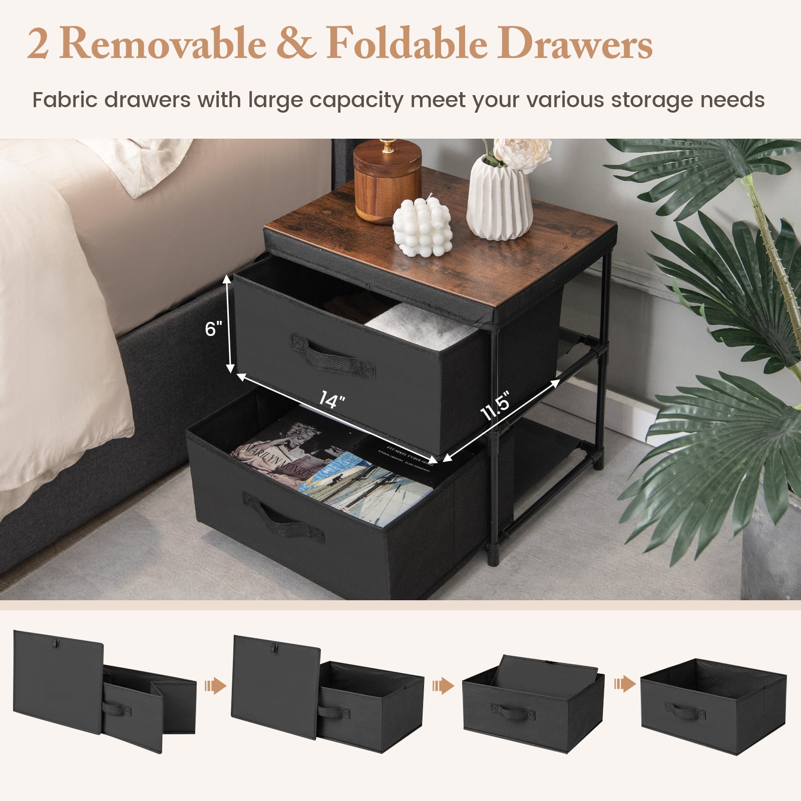 2-Drawer Nightstand With Removable Fabric Bins, Set of 2, Black Nightstands at Gallery Canada