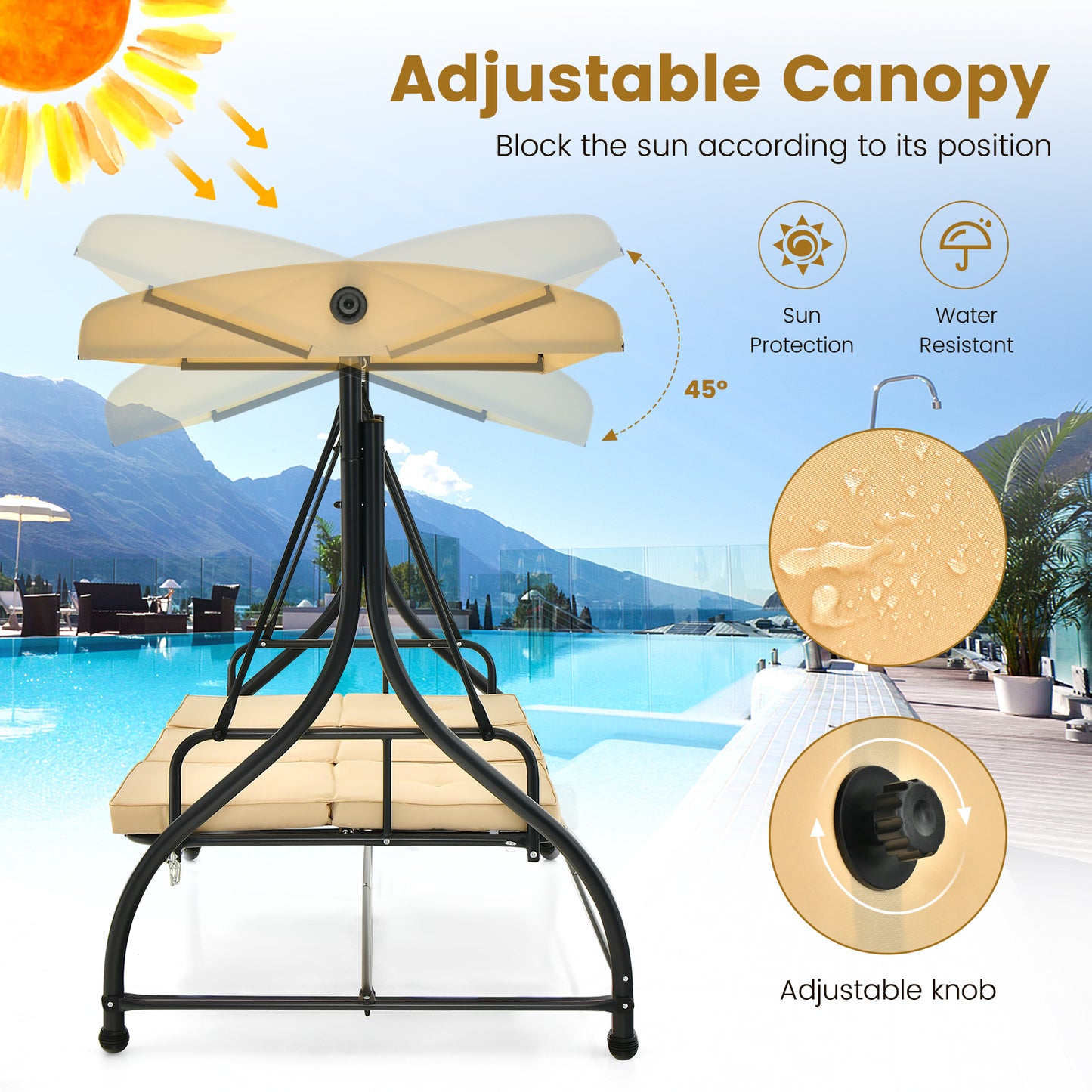 3 Seat Outdoor Porch Swing, Adjustable Canopy, Beige Porch Swings at Gallery Canada