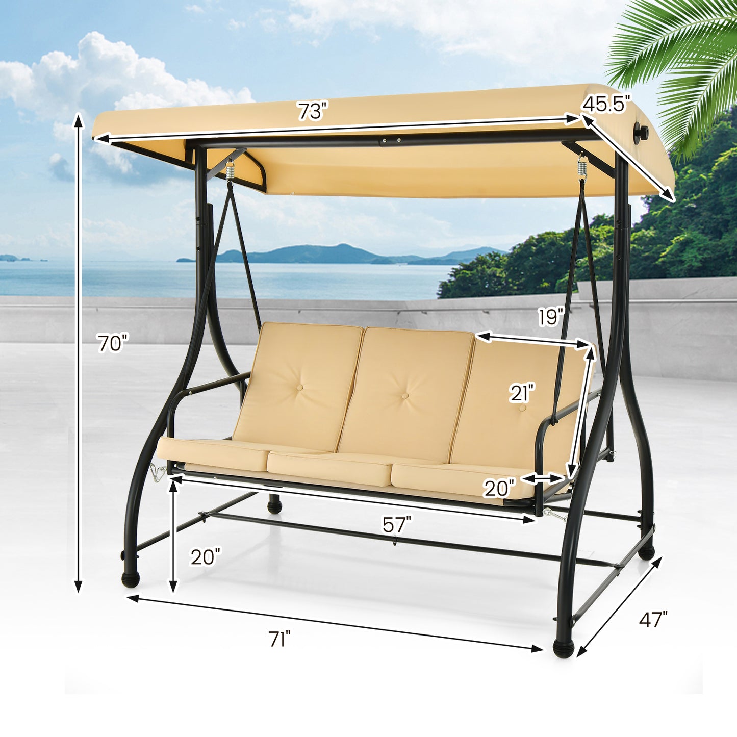 3 Seat Outdoor Porch Swing, Adjustable Canopy, Beige Porch Swings at Gallery Canada