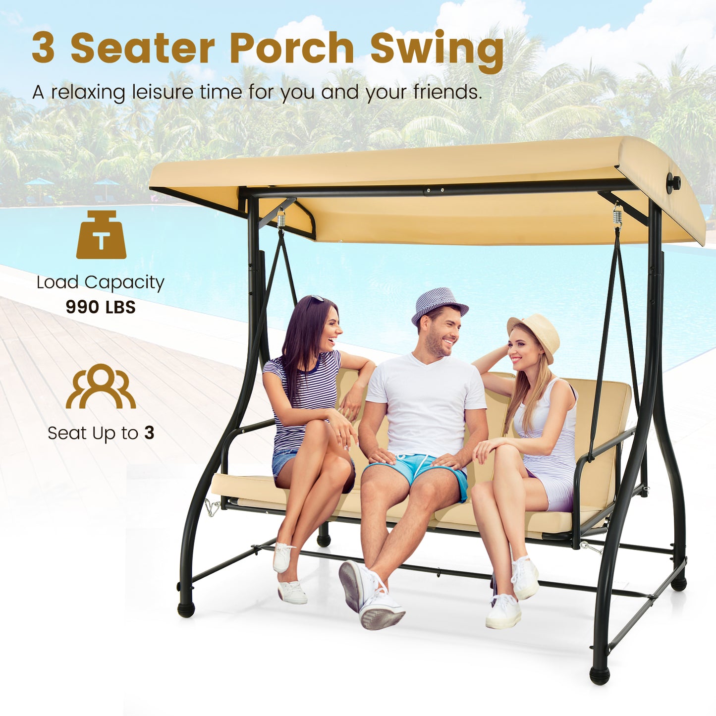 3 Seat Outdoor Porch Swing, Adjustable Canopy, Beige Porch Swings at Gallery Canada