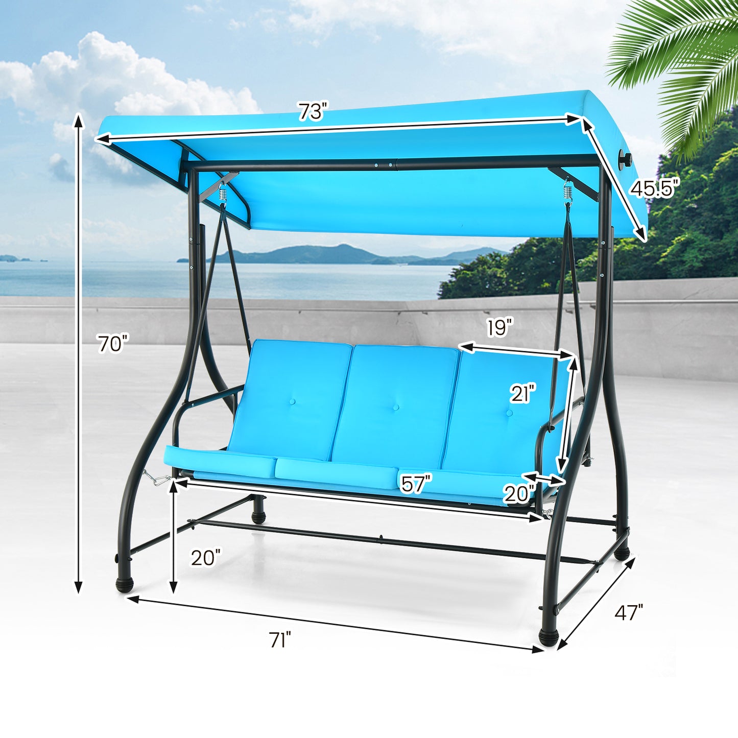 3 Seat Outdoor Swing, Adjustable Canopy, Blue Porch Swings at Gallery Canada