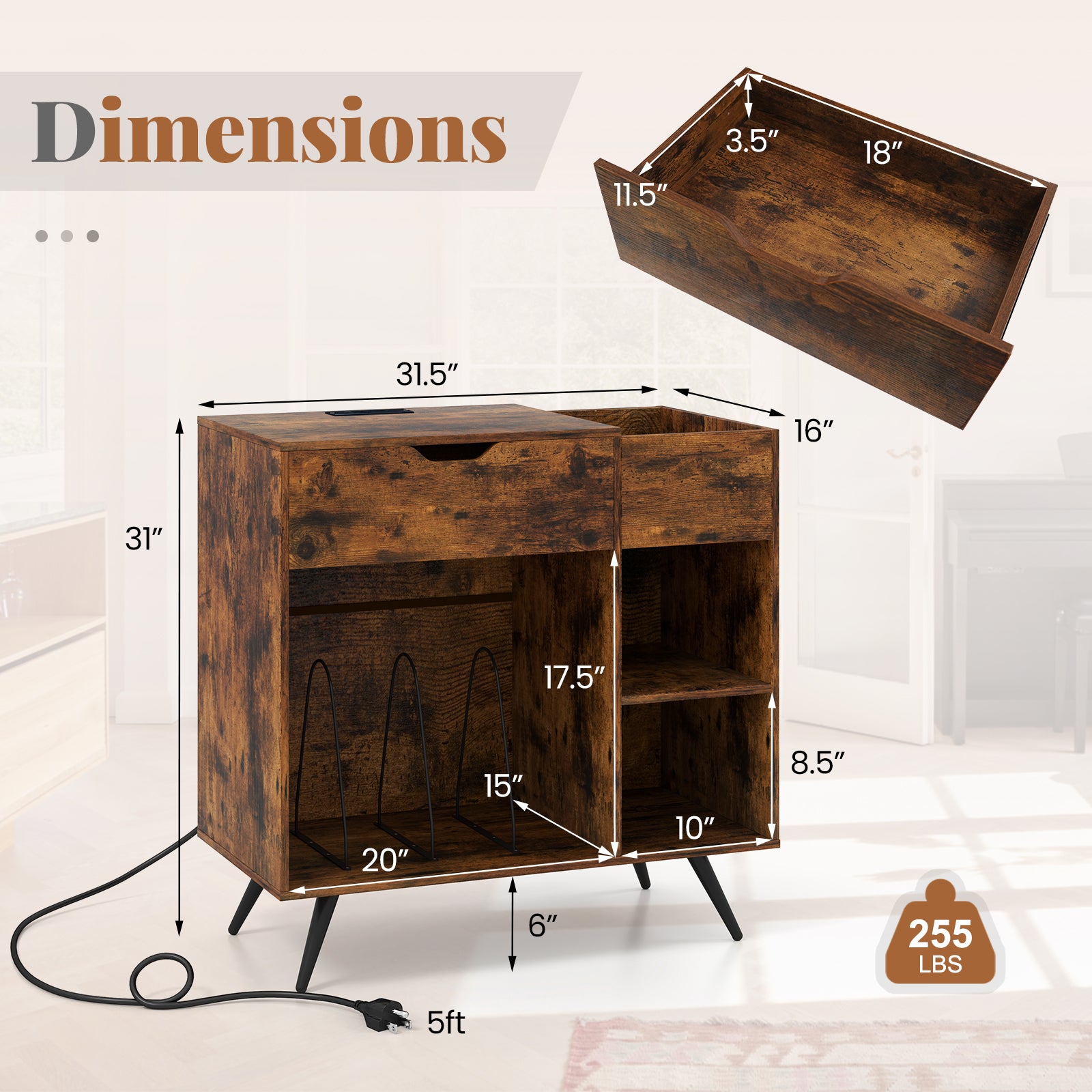 Record Player Stand With Power Outlet, Rustic Brown End & Side Tables at Gallery Canada