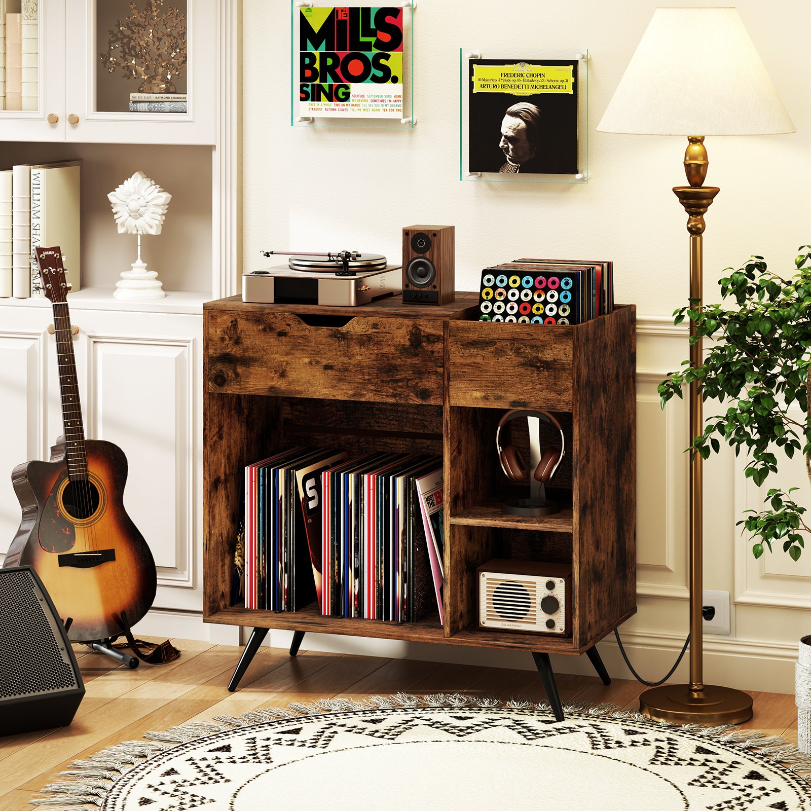 Record Player Stand With Power Outlet, Rustic Brown End & Side Tables at Gallery Canada