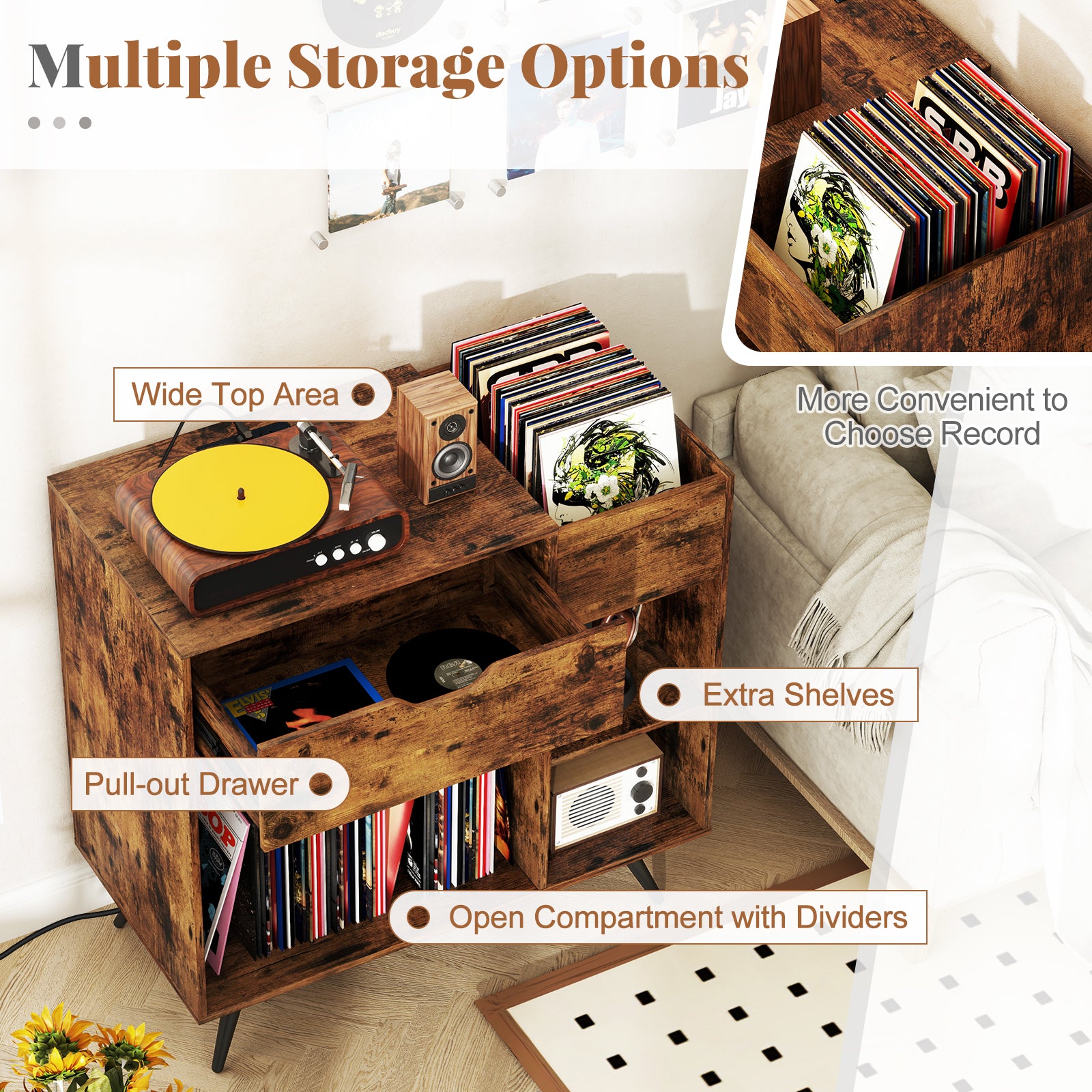 Record Player Stand With Power Outlet, Rustic Brown End & Side Tables at Gallery Canada