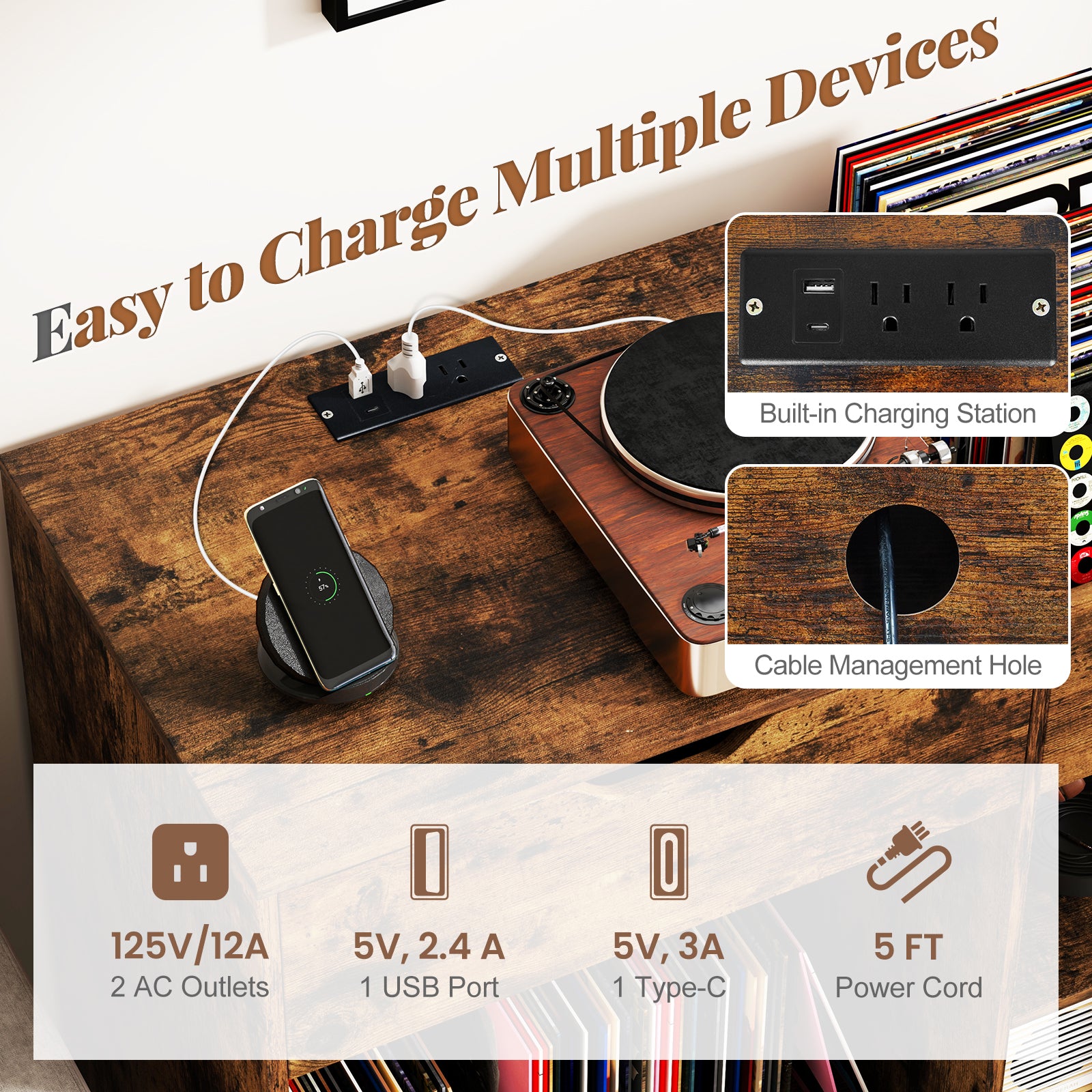 Record Player Stand With Power Outlet, Rustic Brown End & Side Tables at Gallery Canada