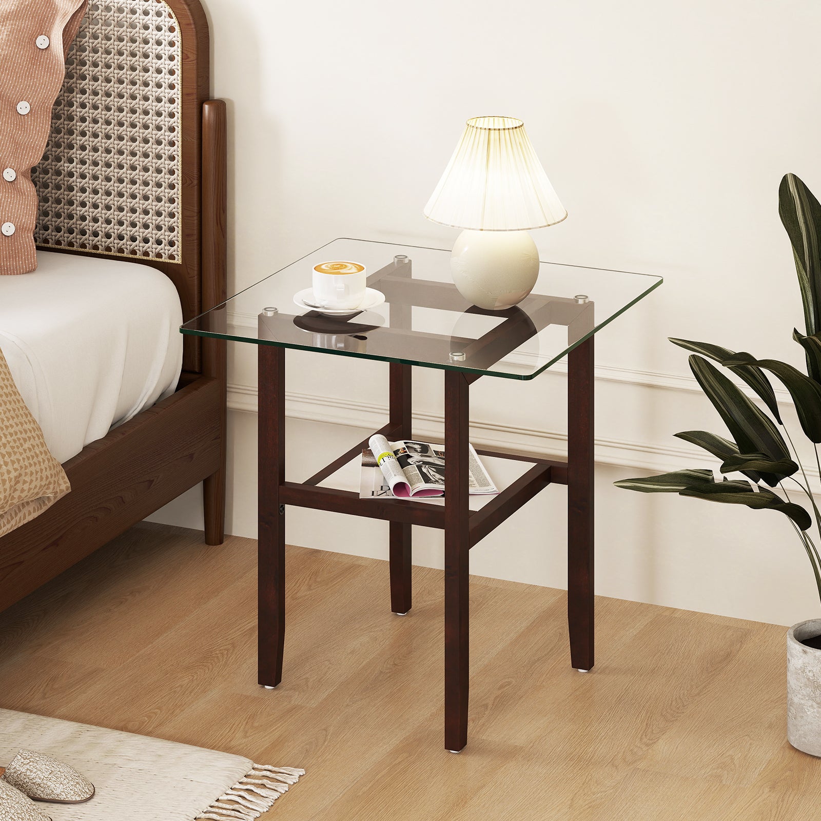 24 Inch 2-Tier Square Glass Coffee Table, Storage Shelf, Brown End & Side Tables at Gallery Canada