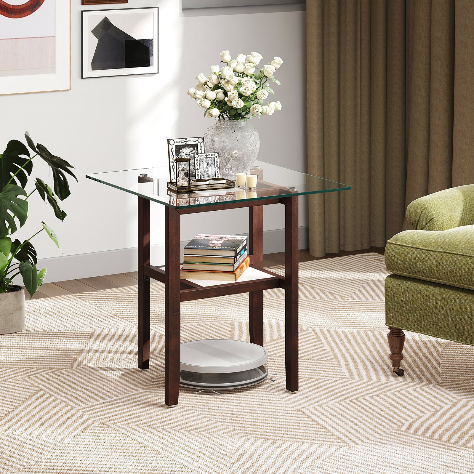 24 Inch 2-Tier Square Glass Coffee Table, Storage Shelf, Brown End & Side Tables at Gallery Canada