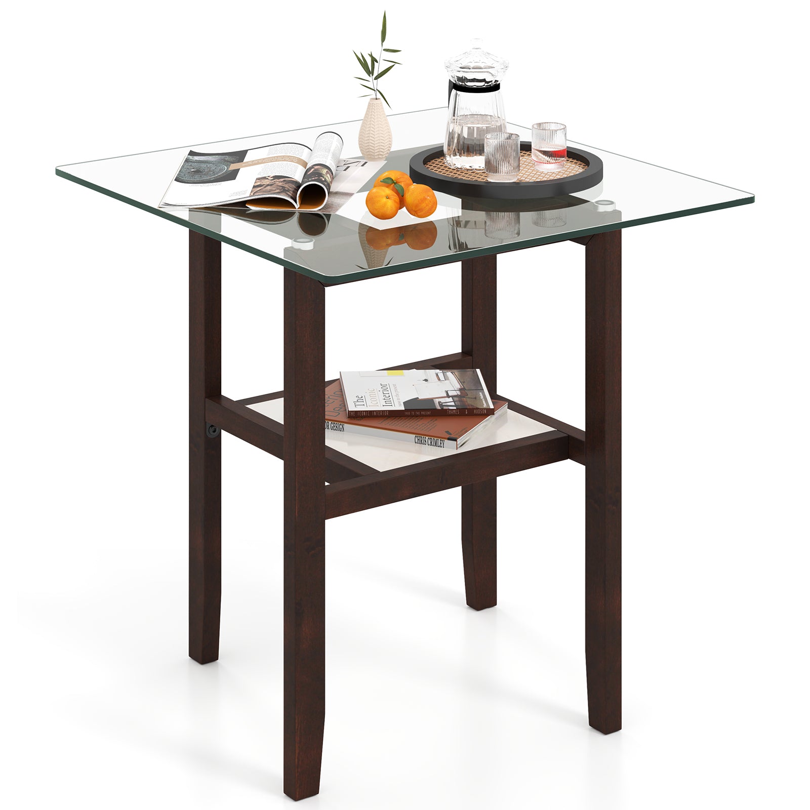 24 Inch 2-Tier Square Glass Coffee Table, Storage Shelf, Brown End & Side Tables at Gallery Canada