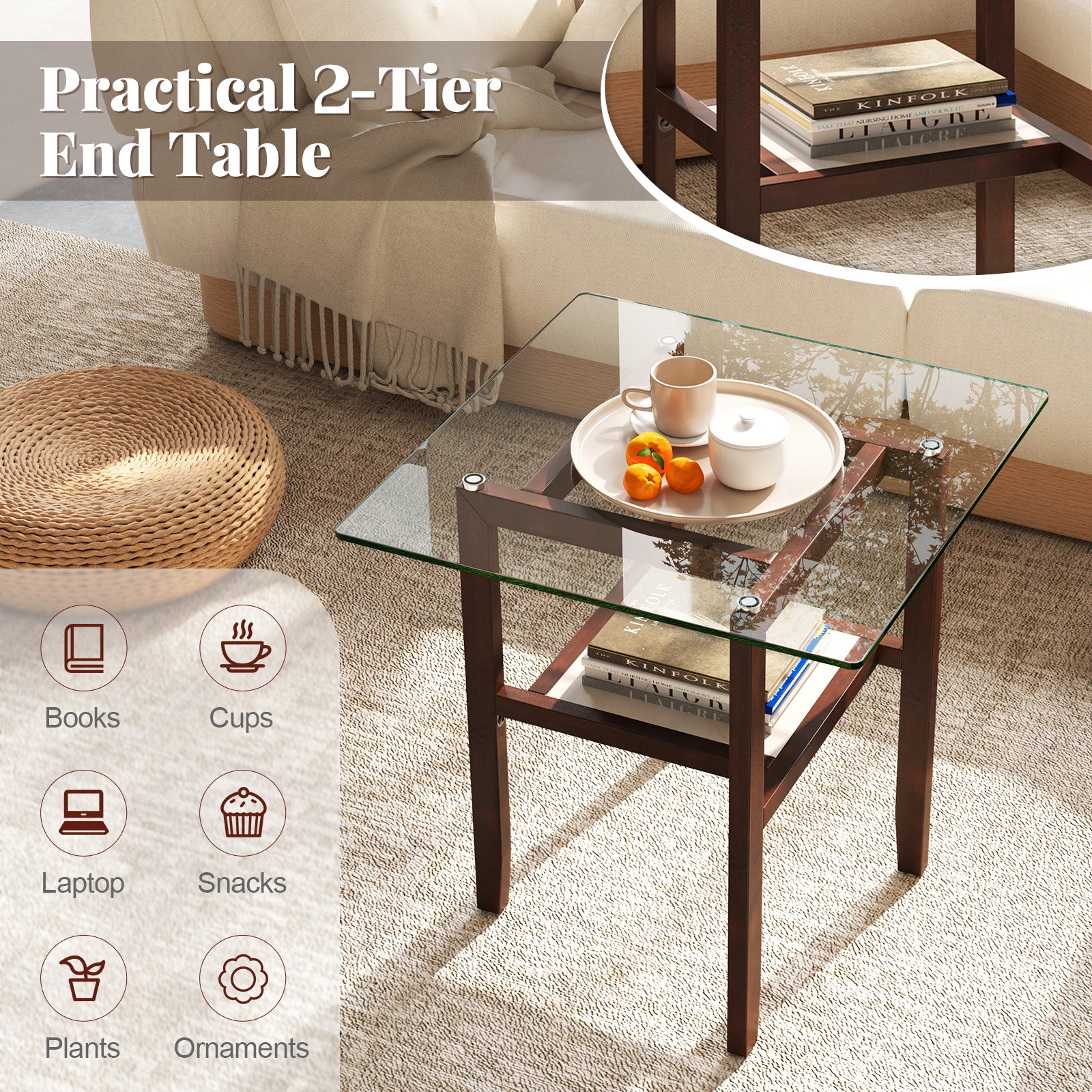 24 Inch 2-Tier Square Glass Coffee Table, Storage Shelf, Brown End & Side Tables at Gallery Canada