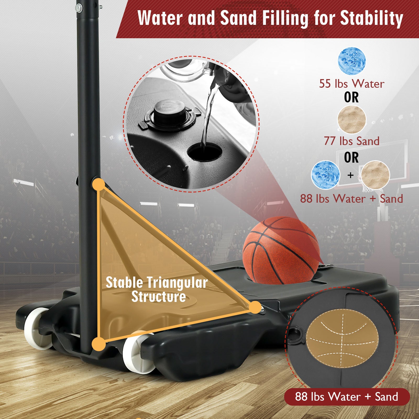 Portable Basketball Hoop, 4.3-8.2 FT Adjustable Height, Wheels, Black Red Sport Equipments at Gallery Canada