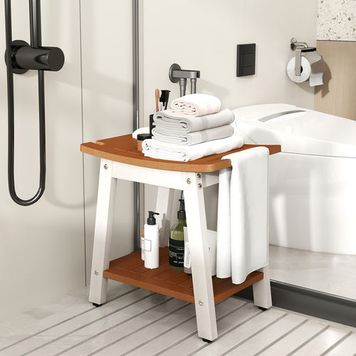Shower Bench Seat With Handle, White & Brown