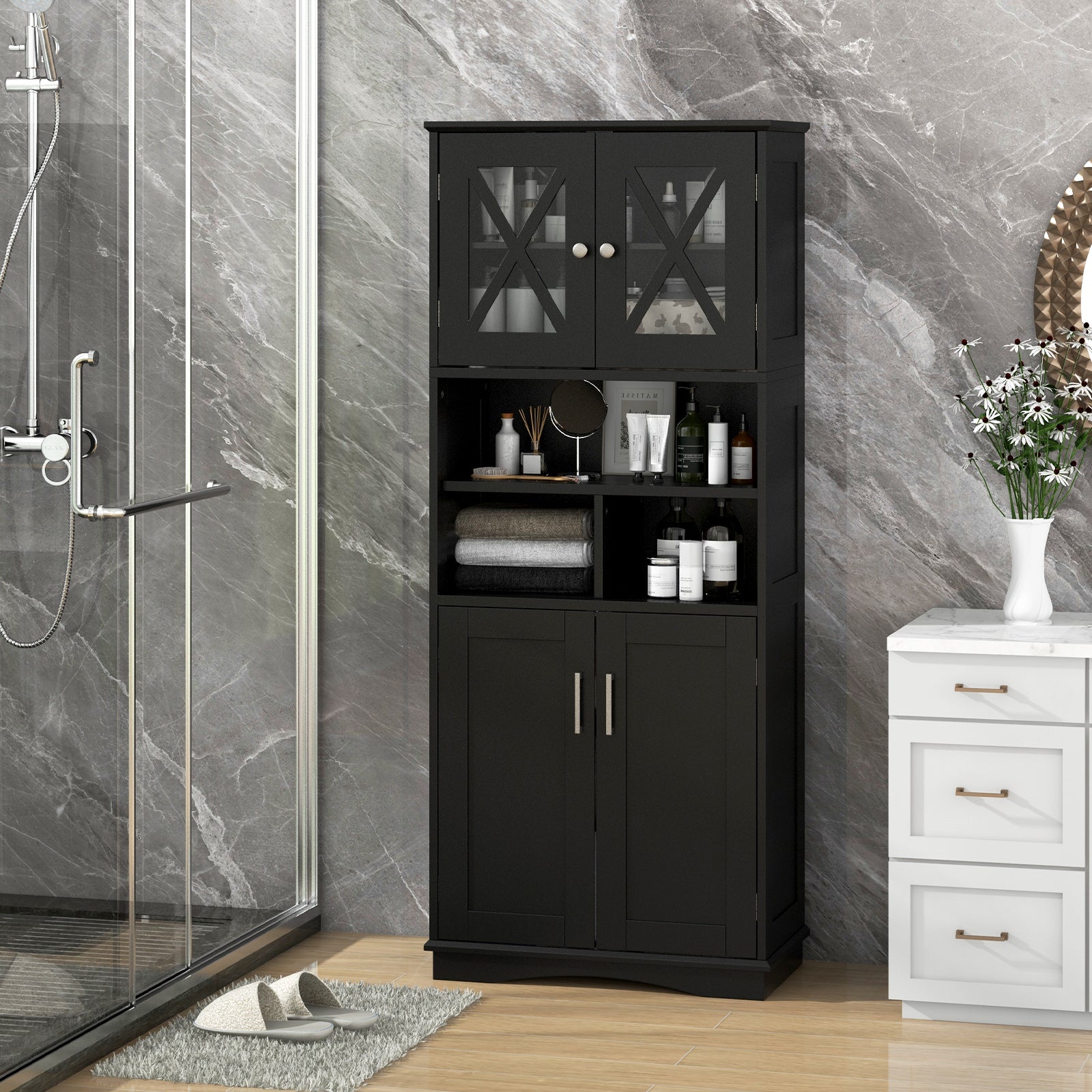 Tall Bathroom Cabinet, Large Floor Storage, Acrylic Doors, 3 Cubes, Black Floor Cabinets at Gallery Canada