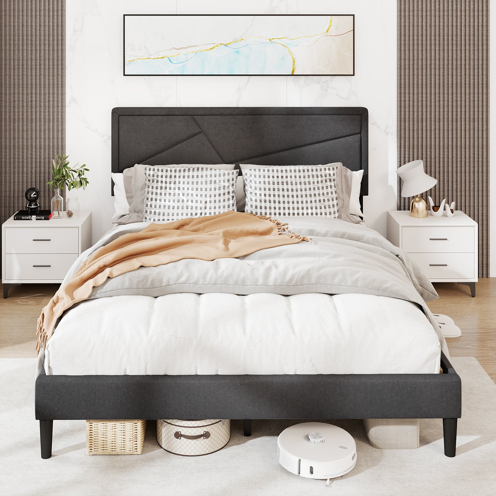 Queen Size Upholstered Platform Bed Frame, Gray Simple Bed Frame at Gallery Canada