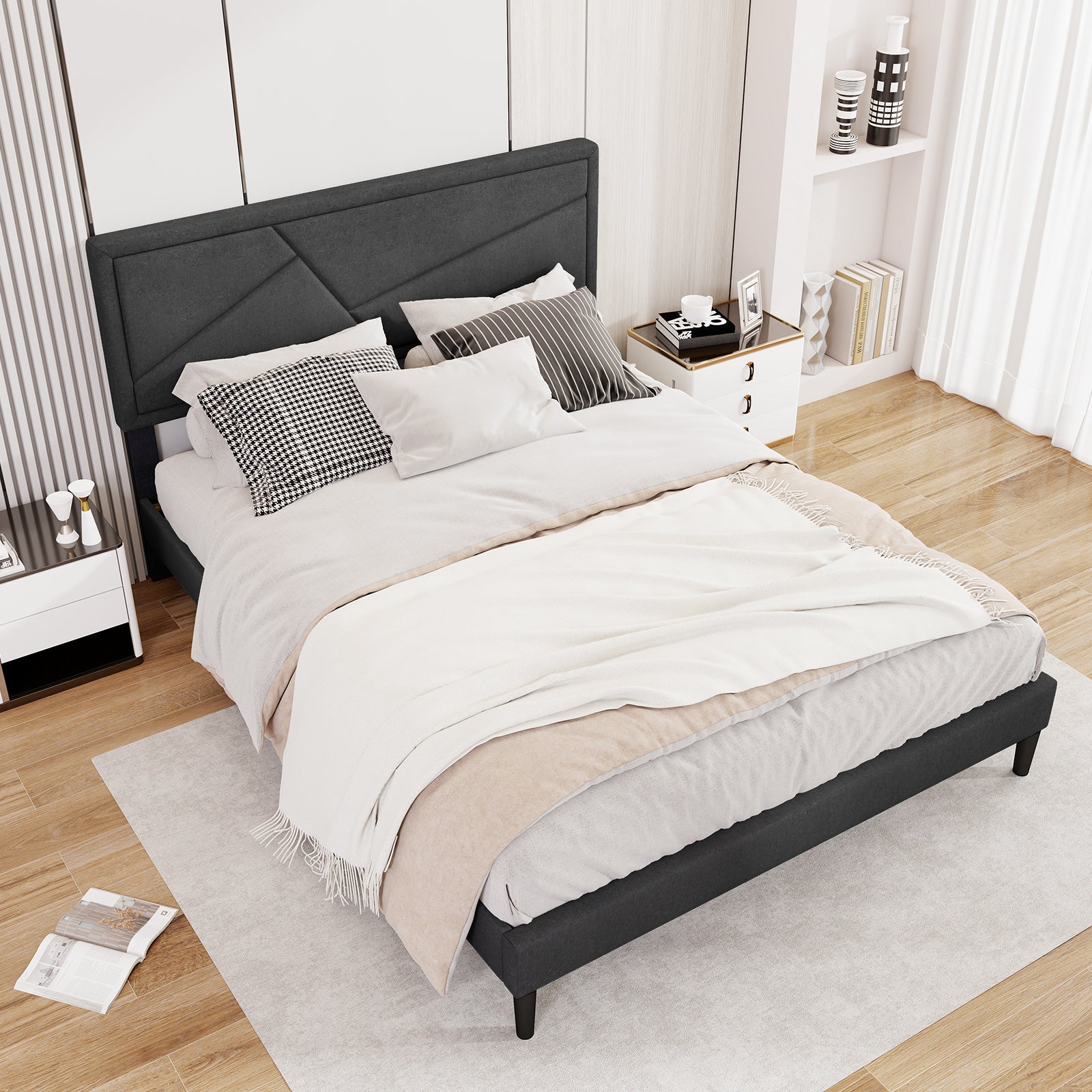 Queen Size Upholstered Platform Bed Frame, Gray Simple Bed Frame at Gallery Canada
