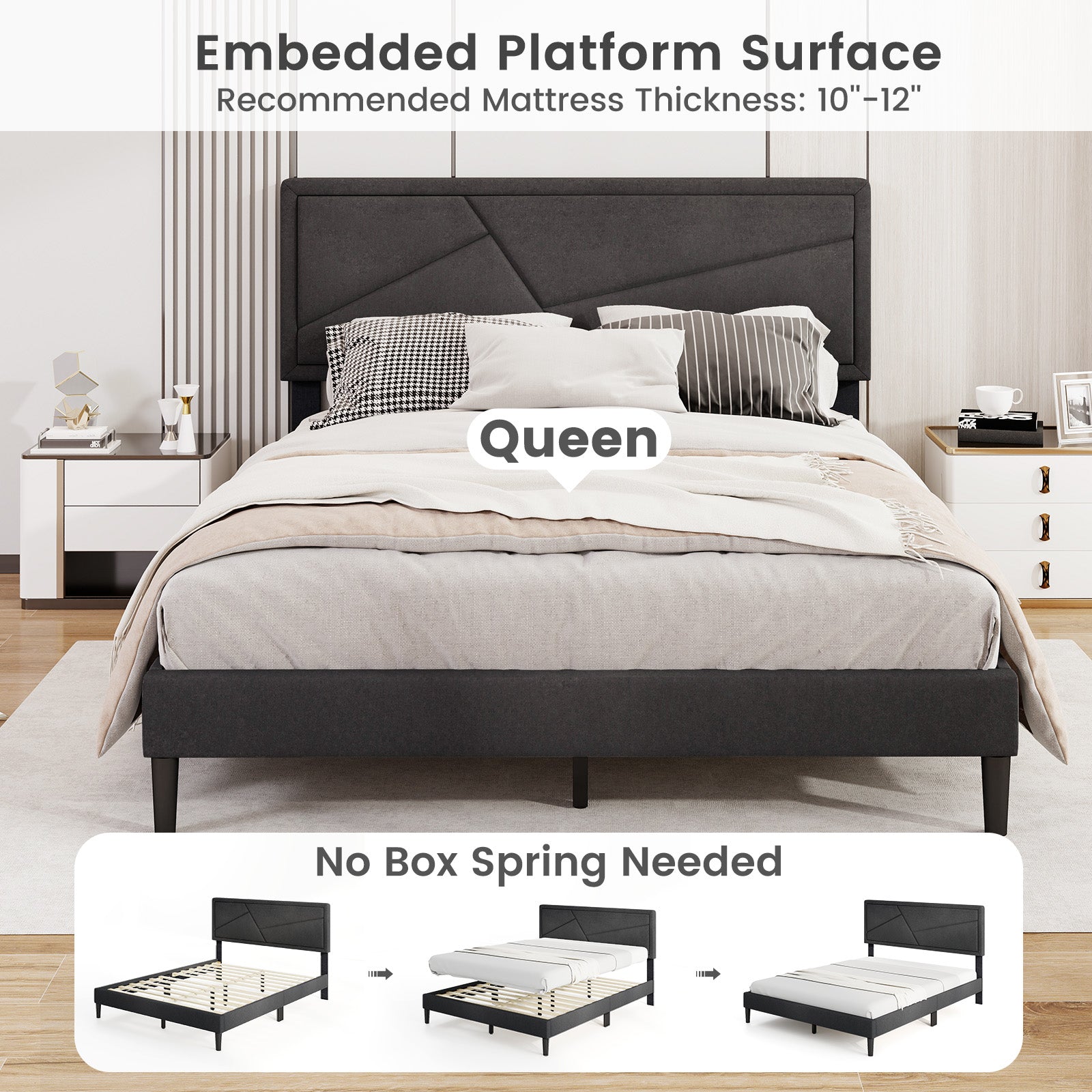 Queen Size Upholstered Platform Bed Frame, Gray Simple Bed Frame at Gallery Canada