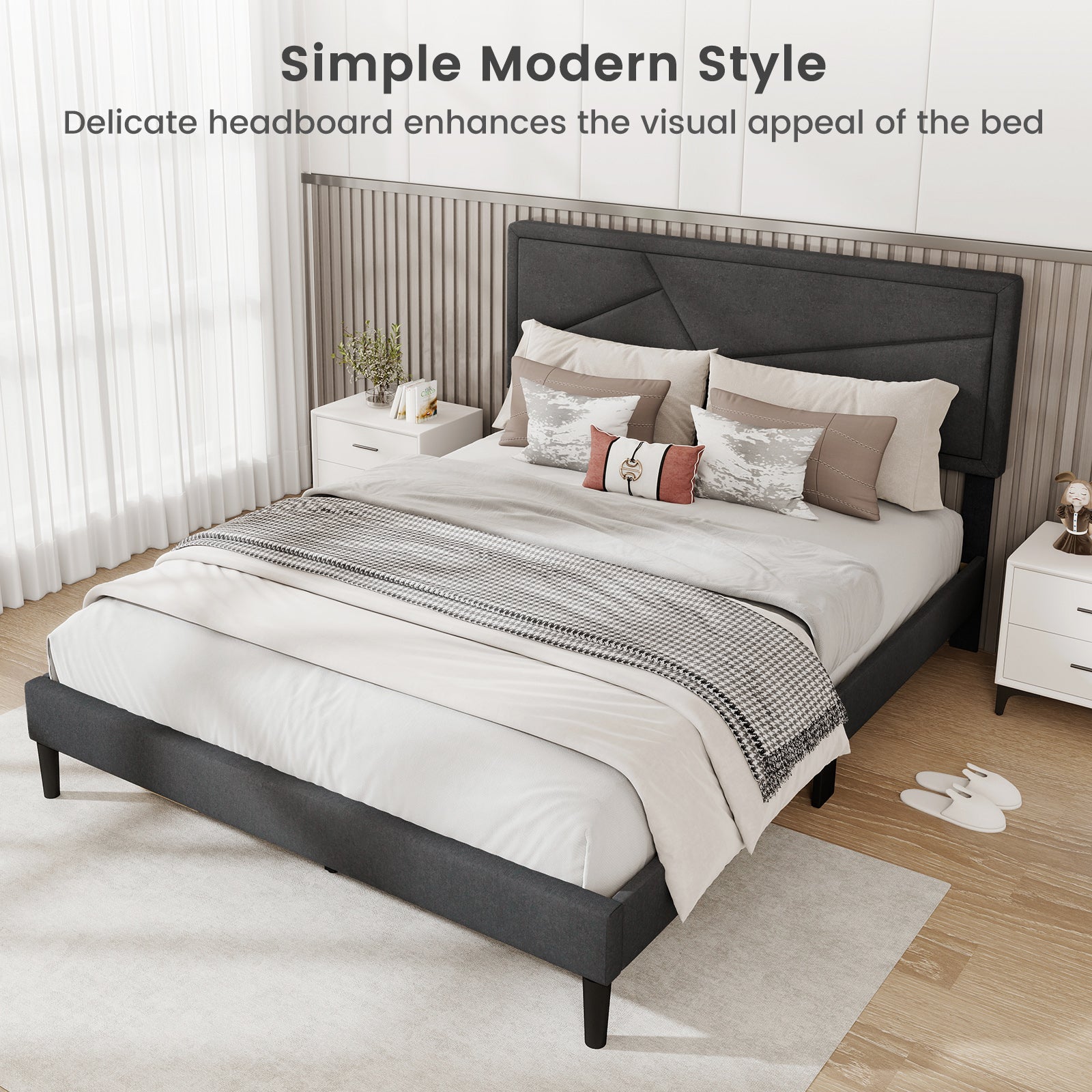 Queen Size Upholstered Platform Bed Frame, Gray Simple Bed Frame at Gallery Canada