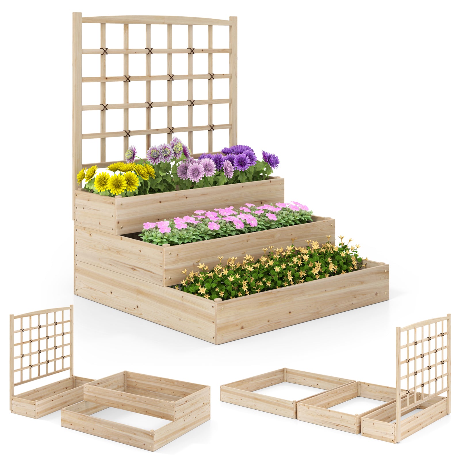 3-Tier Raised Garden Bed, Lattice Trellis, Open-Ended Base, Natural Raised Garden Beds at Gallery Canada