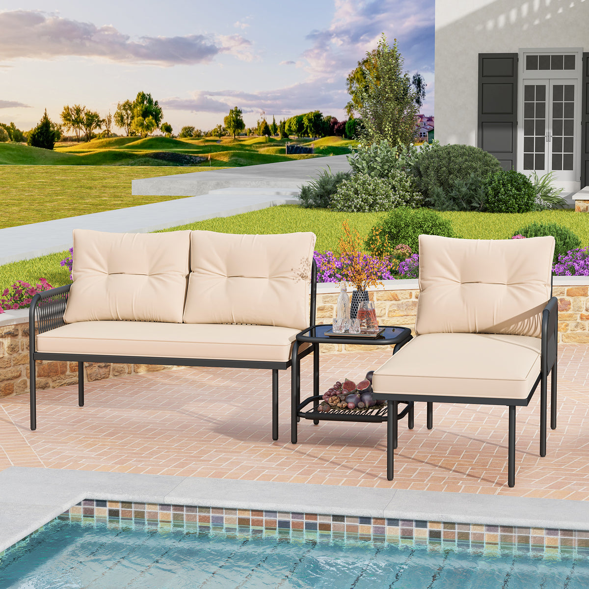 3-Piece L-Shaped Patio Furniture Set, PE Rattan Sectional Sofas, Beige Patio Conversation Sets at Gallery Canada
