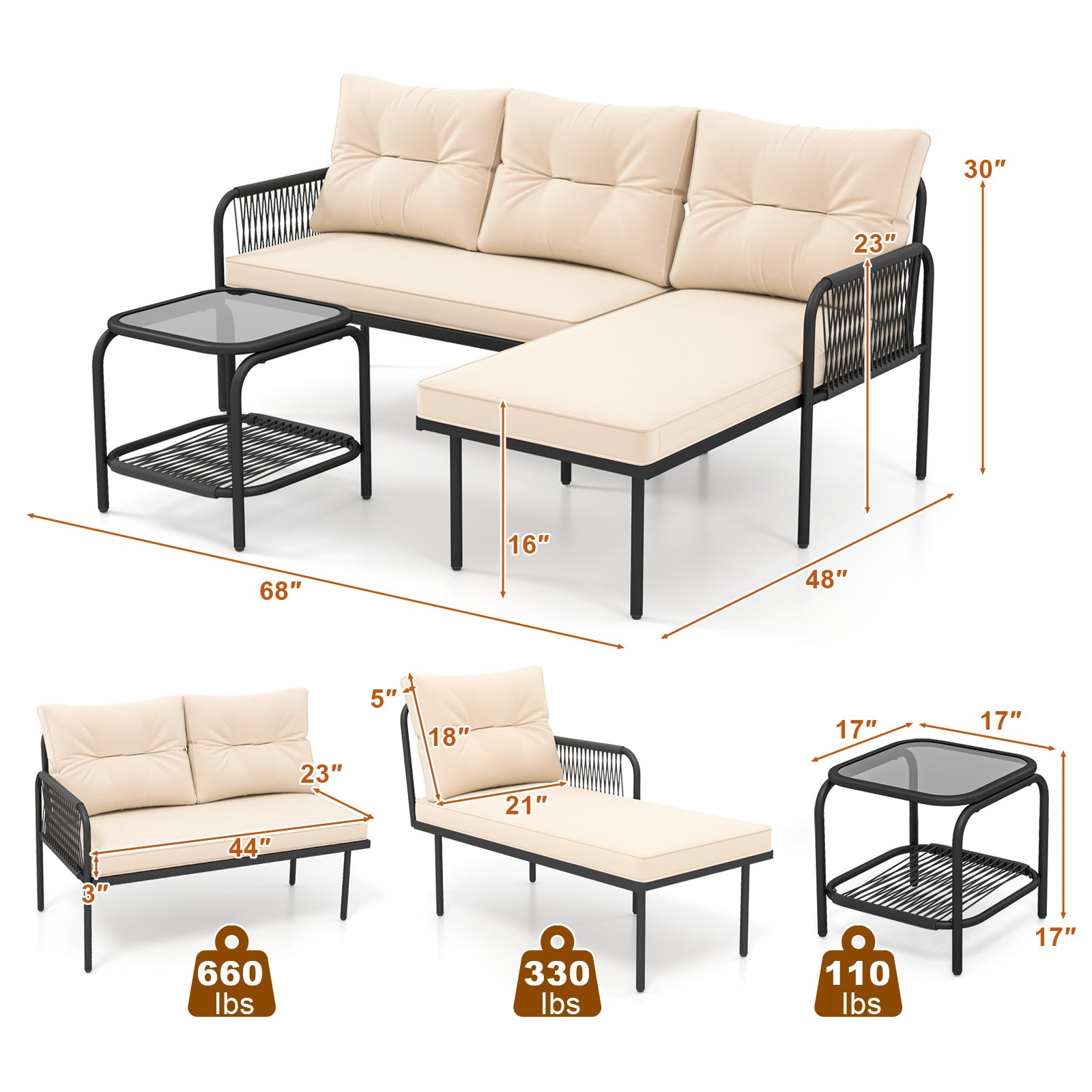 3-Piece L-Shaped Patio Furniture Set, PE Rattan Sectional Sofas, Beige Patio Conversation Sets at Gallery Canada